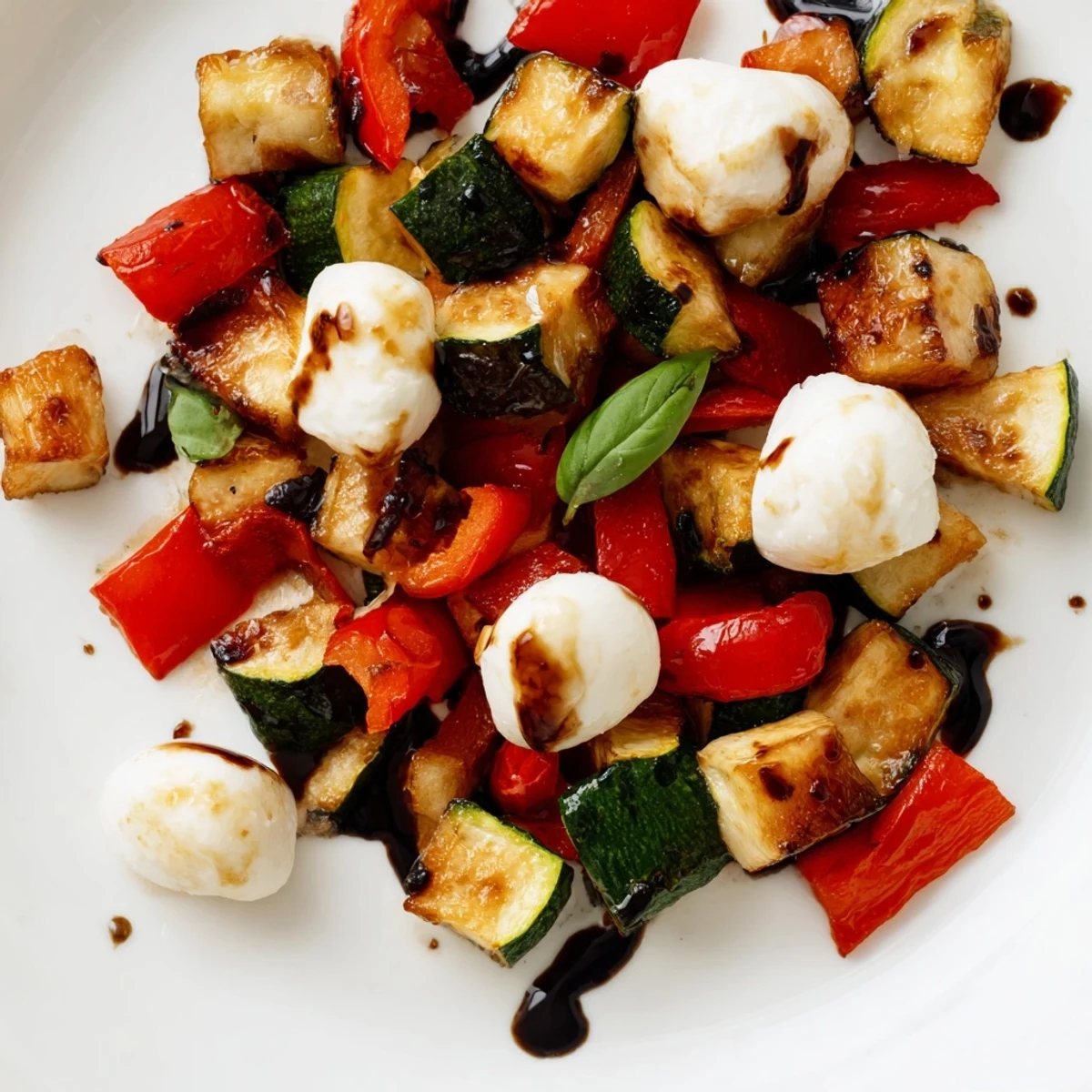 This Roasted Veggie Caprese Salad features caramelized cherry tomatoes and red onion, topped with fresh torn basil and a glossy balsamic drizzle for serving.