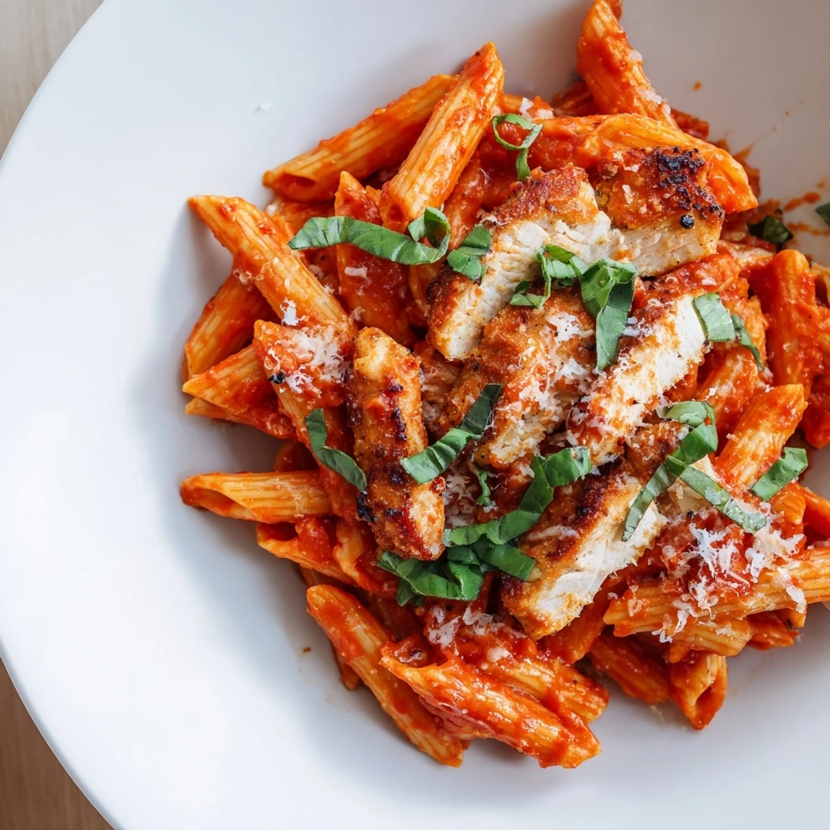 Steaming spicy tomato chicken pasta with penne, seared chicken strips, and fresh basil garnish on a rustic table.  