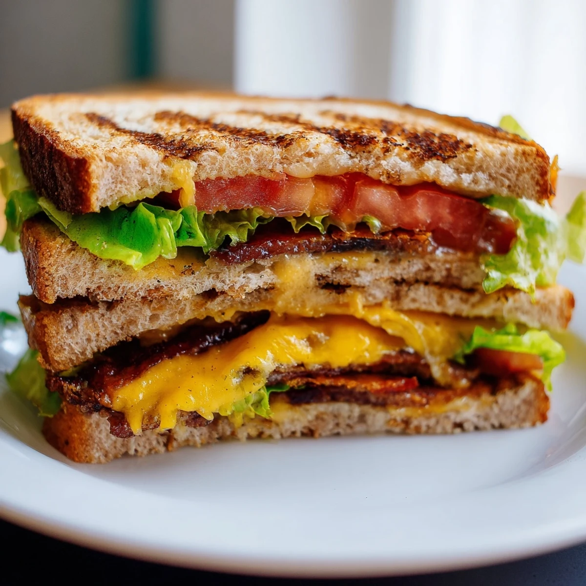A close-up of a Vegan Bacon BLT Grilled Cheese cut in half, showing layers of lettuce and smoky tempeh bacon.