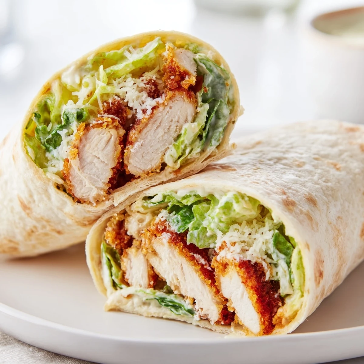 Golden crispy chicken strips layered over fresh romaine lettuce and Parmesan in a soft flour tortilla for the Crispy Chicken Caesar Wrap.  