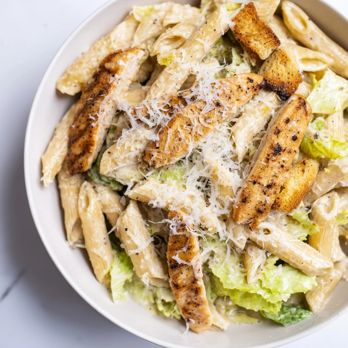 Freshly grilled chicken strips top a Caesar Pasta Chicken Bowl with crisp romaine, al dente pasta, and crunchy croutons.