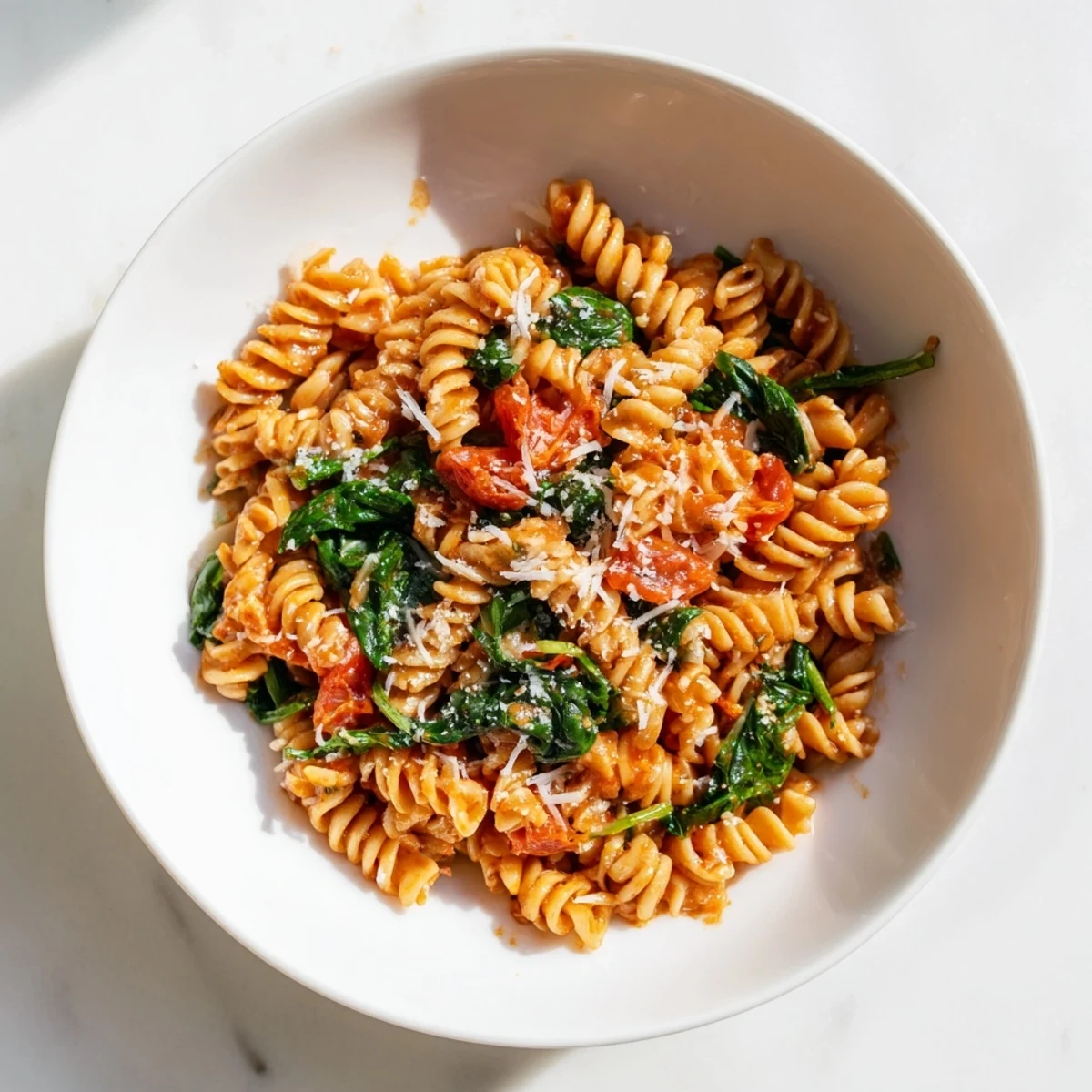 Steam rises from a pot of Tomato Spinach One-Pot Rotini, with spinach wilting into a rich tomato sauce, ready to serve.