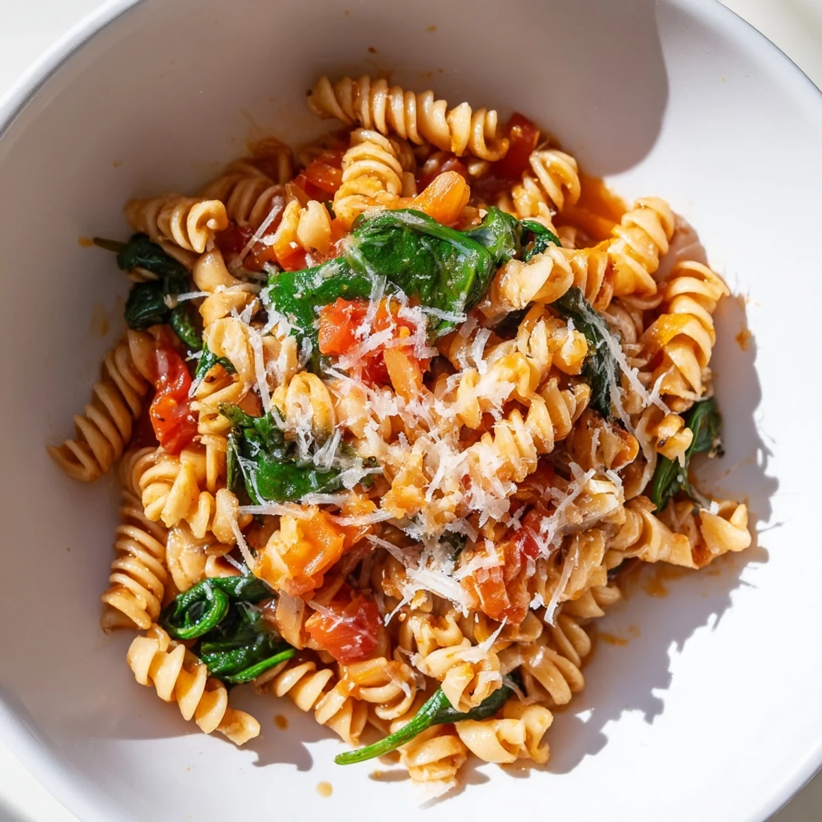 Fresh baby spinach and diced tomatoes mix with al dente rotini in this Tomato Spinach One-Pot Rotini, topped with Parmesan cheese.