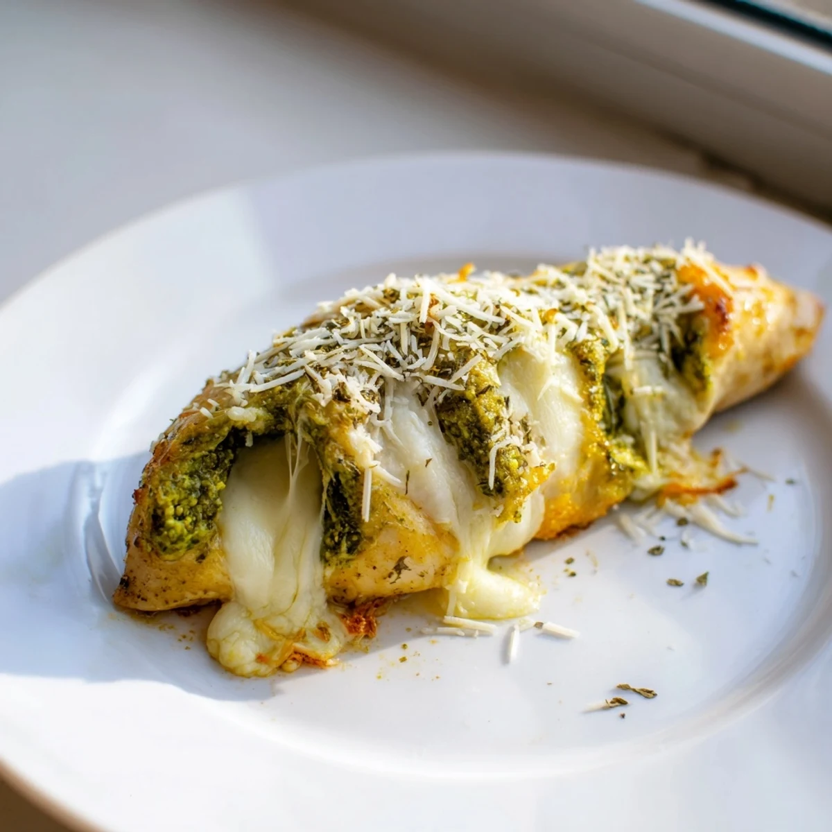 Juicy Mozzarella & Pesto Stuffed Chicken sliced open to reveal melted mozzarella and vibrant green basil pesto filling.