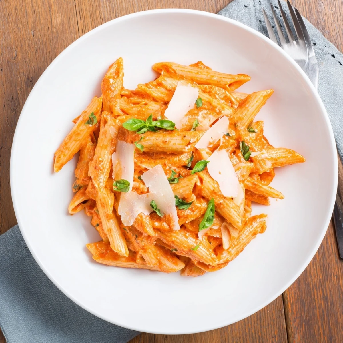 Creamy Roasted Red Pepper Pasta in a white bowl, tossed in a rich orange sauce and garnished with fresh basil and grated Parmesan cheese.