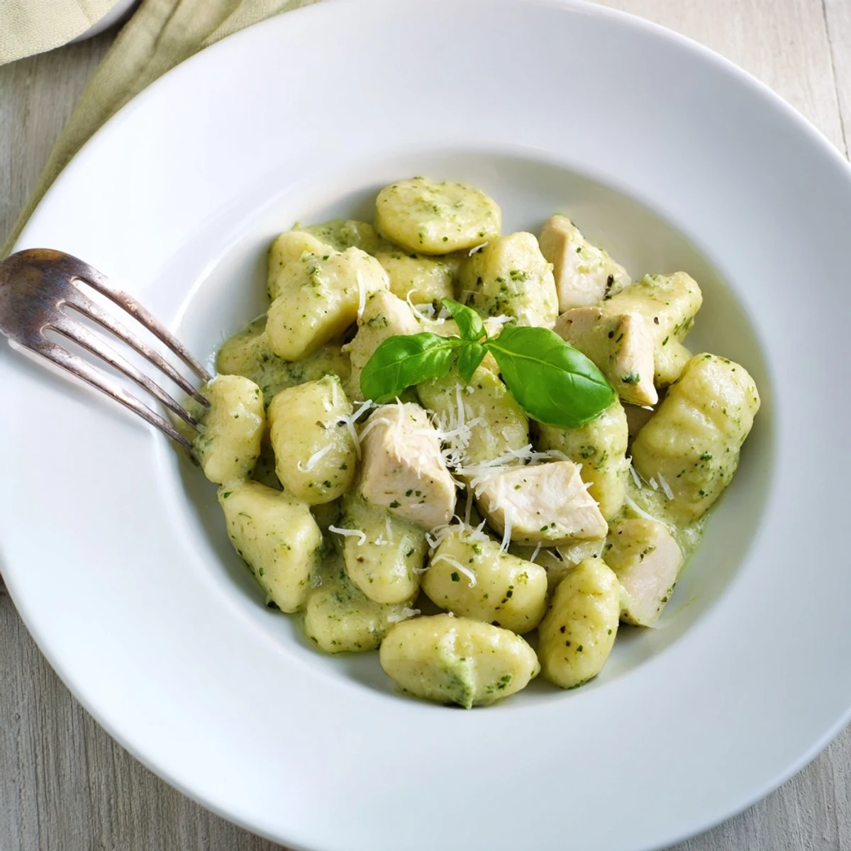 Golden pan-crisped gnocchi and tender chicken bites coated in a luscious pesto cream sauce, served in a rustic skillet.  