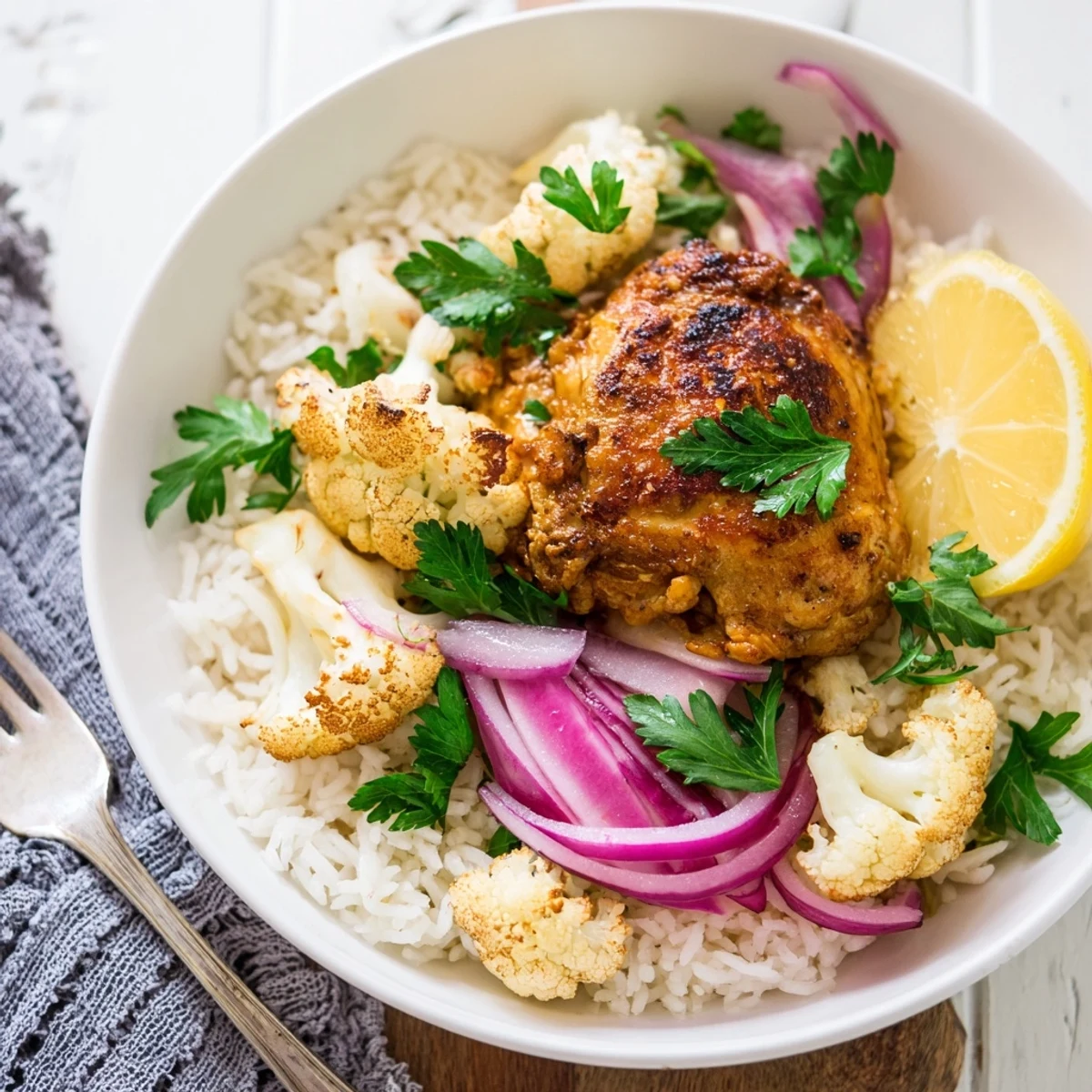 Easy one-pan meal with golden chicken thighs and crispy cauliflower florets, garnished with cilantro and lemon for a fresh finish.