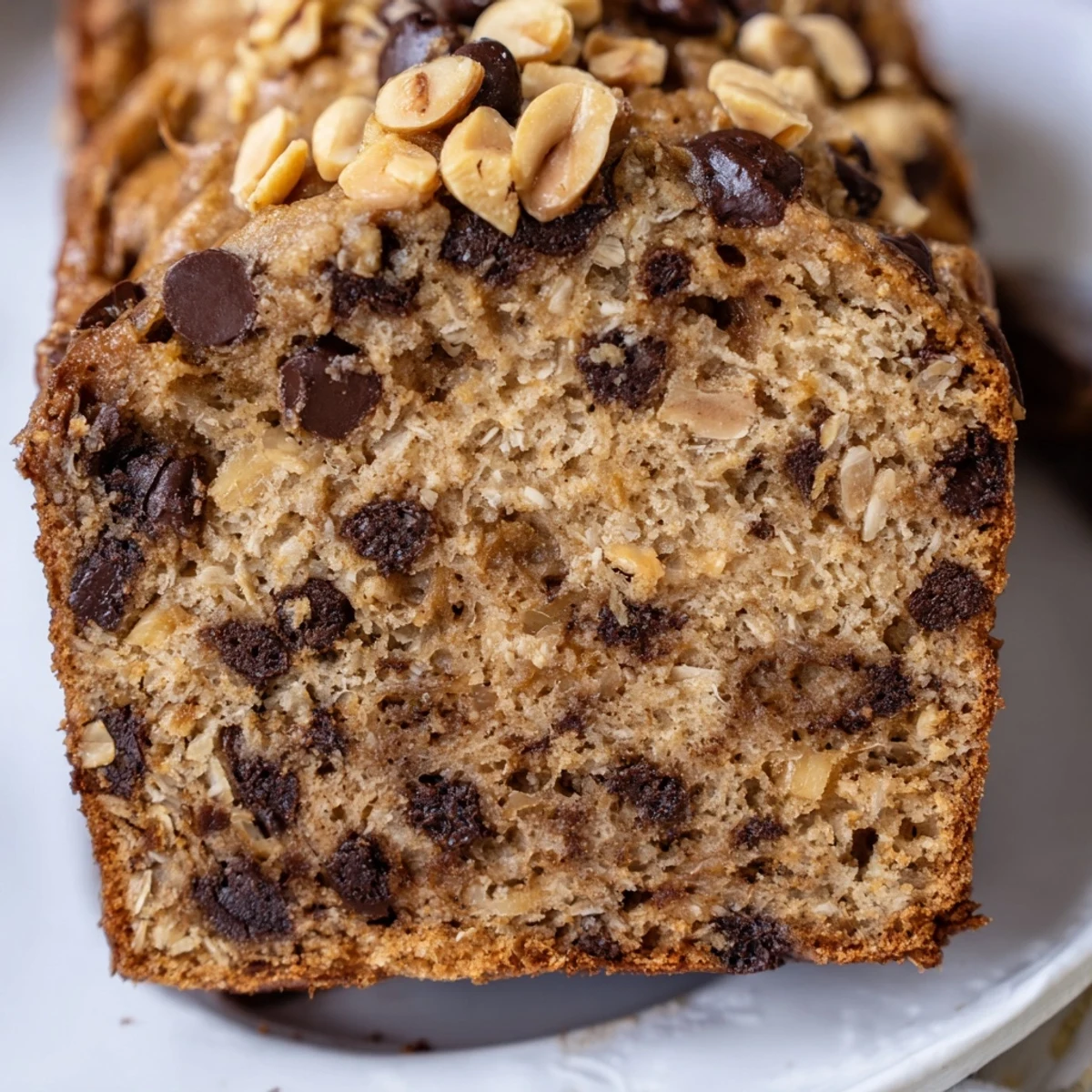 A thick slice of Chocolate Chip Peanut Butter Oatmeal Banana Bread rests on a rustic wooden board, showcasing moist crumbs, melted chocolate chips, and chopped peanuts on top.  