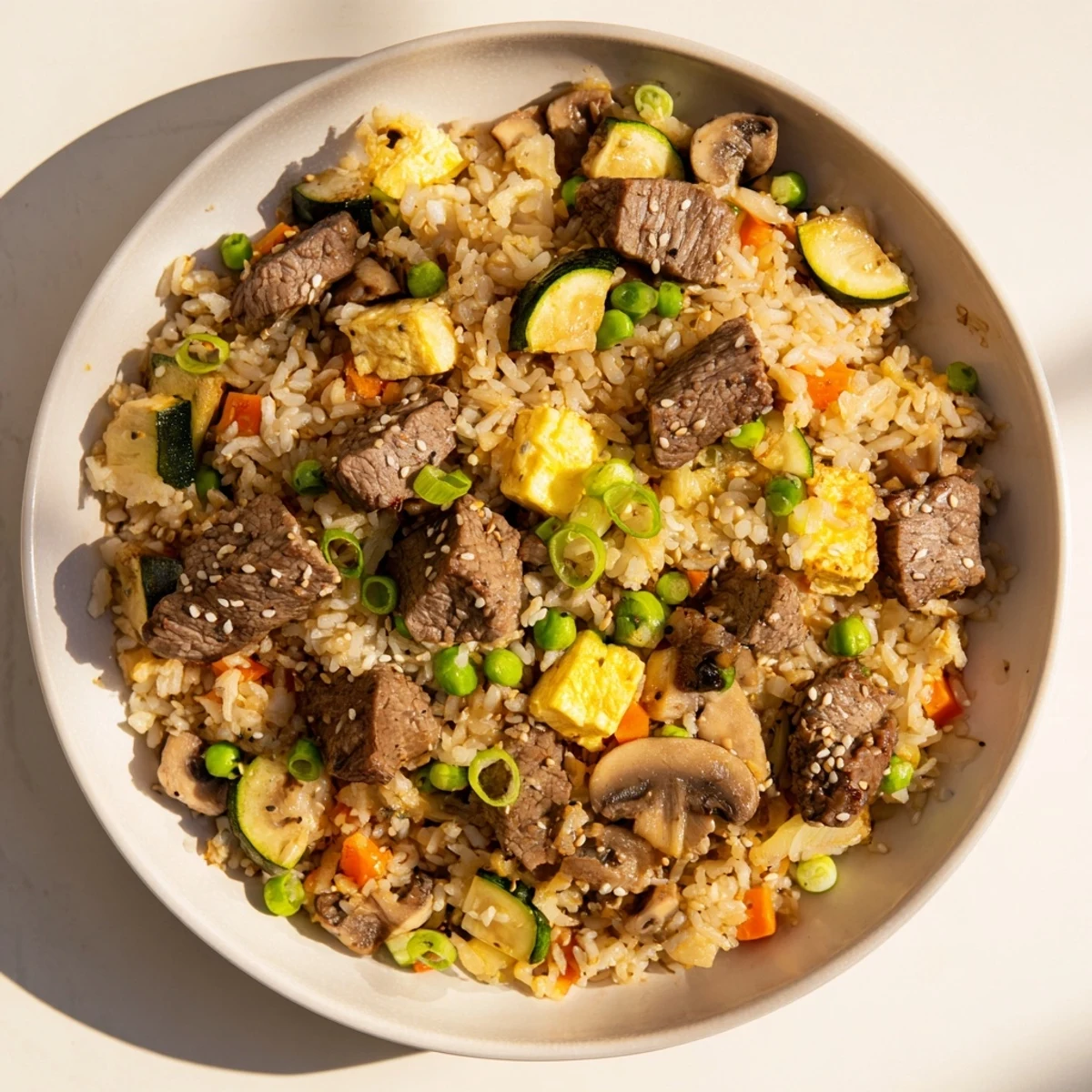A close-up of sizzling Easy Hibachi Steak and fried rice, featuring tender steak cubes, colorful vegetables, and fluffy rice with a hint of sesame.