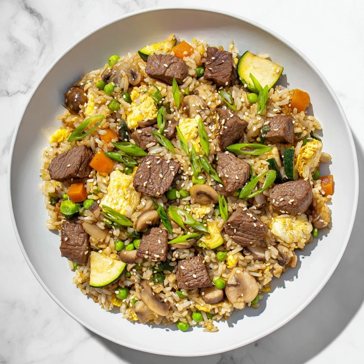 Golden-brown Easy Hibachi Steak with fried rice in a skillet, garnished with green onions and sesame seeds for a flavorful Japanese-American meal.