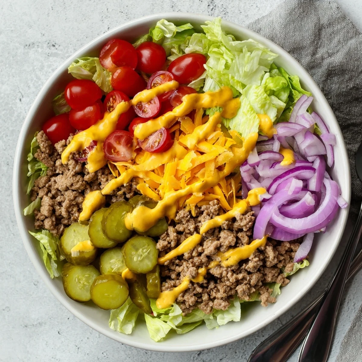 Gluten-free Easy Big Mac in a Bowl topped with tangy pickles, juicy tomatoes, onions, and homemade sauce served fresh in a bowl.