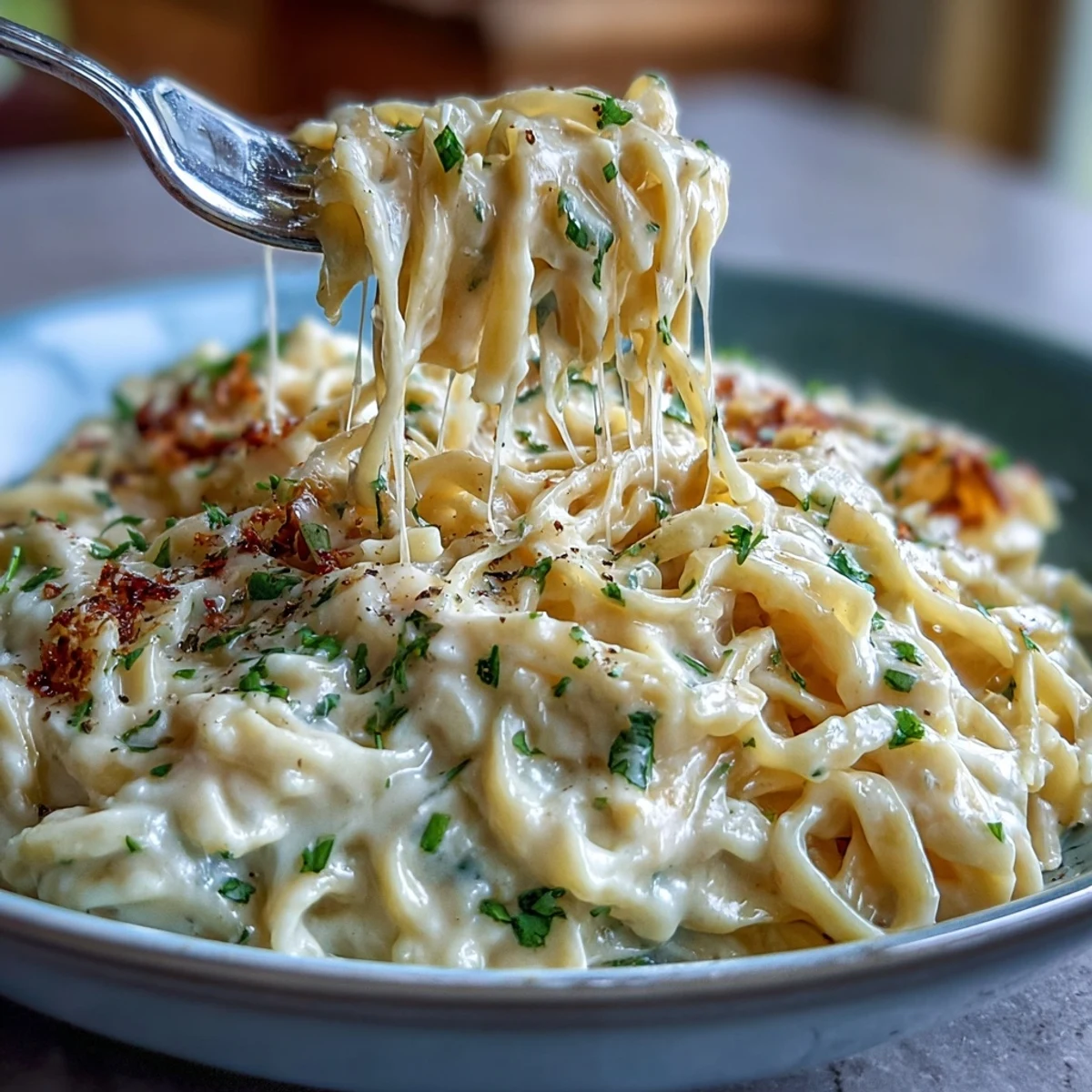A close-up of creamy Easy Creamy Cauliflower Alfredo pasta twirled on a fork, garnished with fresh parsley and extra Parmesan.