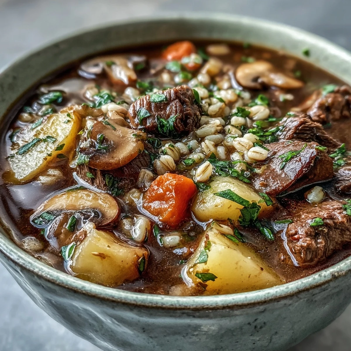 Steamy bowl of Beef and Barley Soup with tender beef chunks, carrots, and peas in a rich broth.