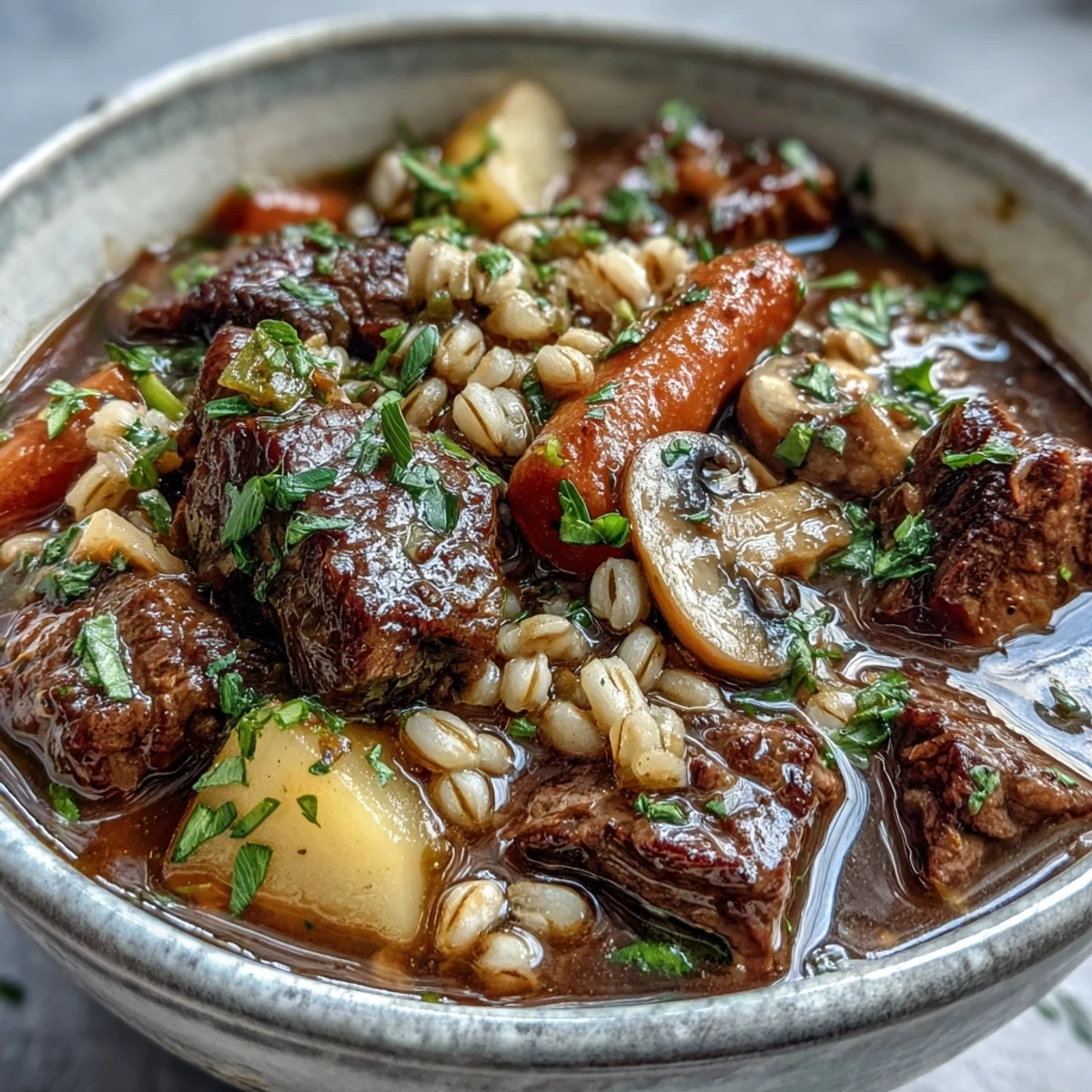 Homemade Beef and Barley Soup simmering in a pot, featuring pearl barley, celery, and potatoes.
