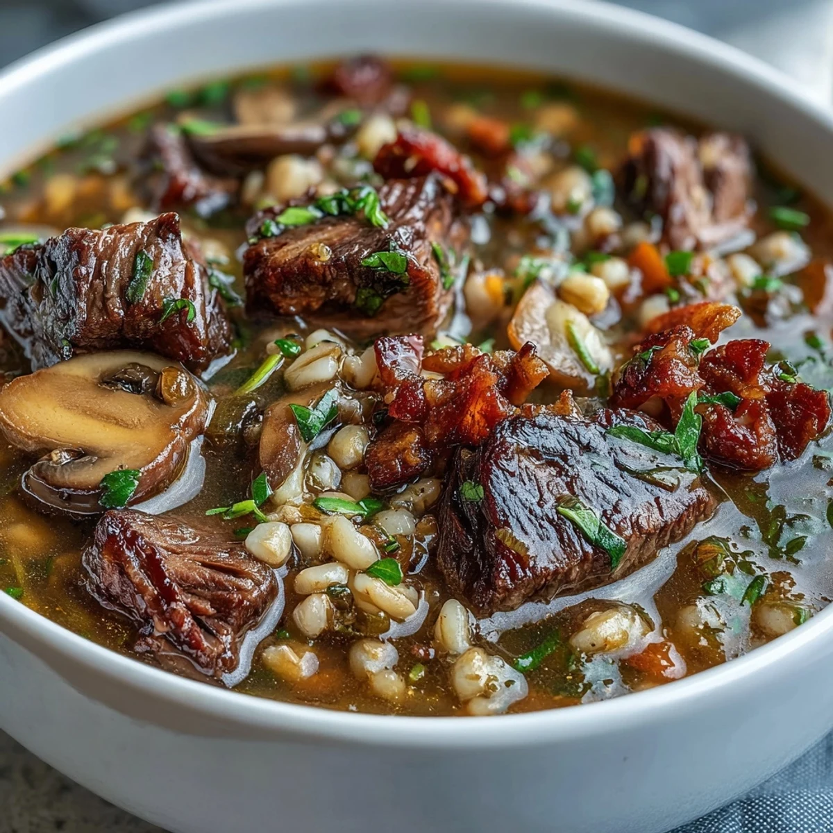 Hearty beef and barley soup with mushrooms, pancetta, and carrots served in a white bowl.