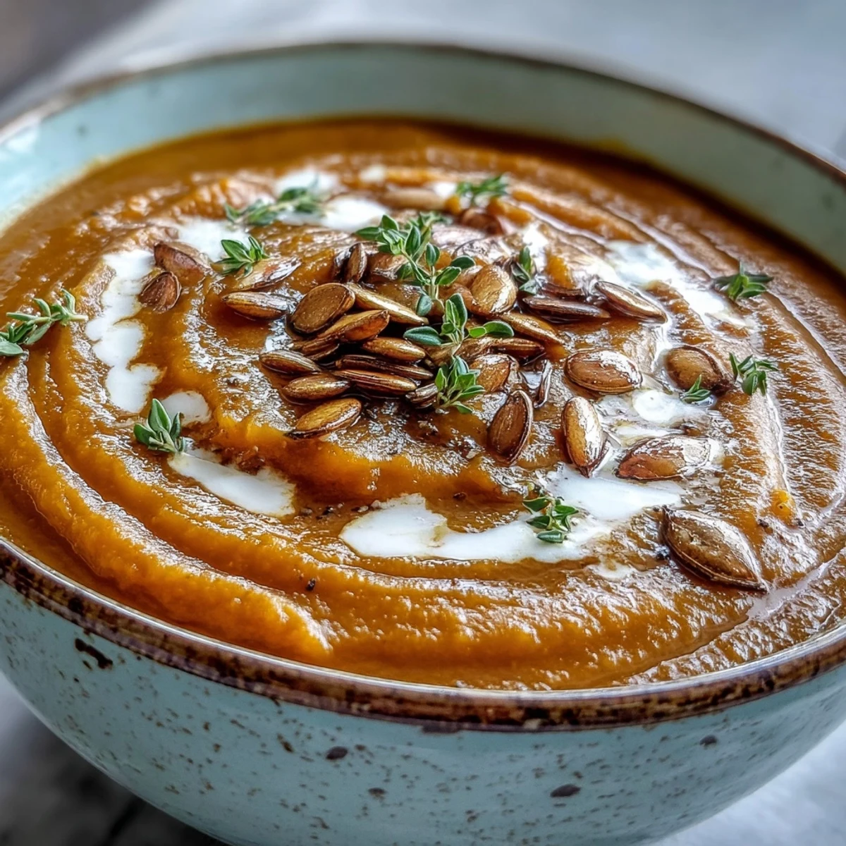 Creamy Roasted Butternut Squash Soup served hot in a rustic bowl, garnished with pumpkin seeds and fresh thyme.