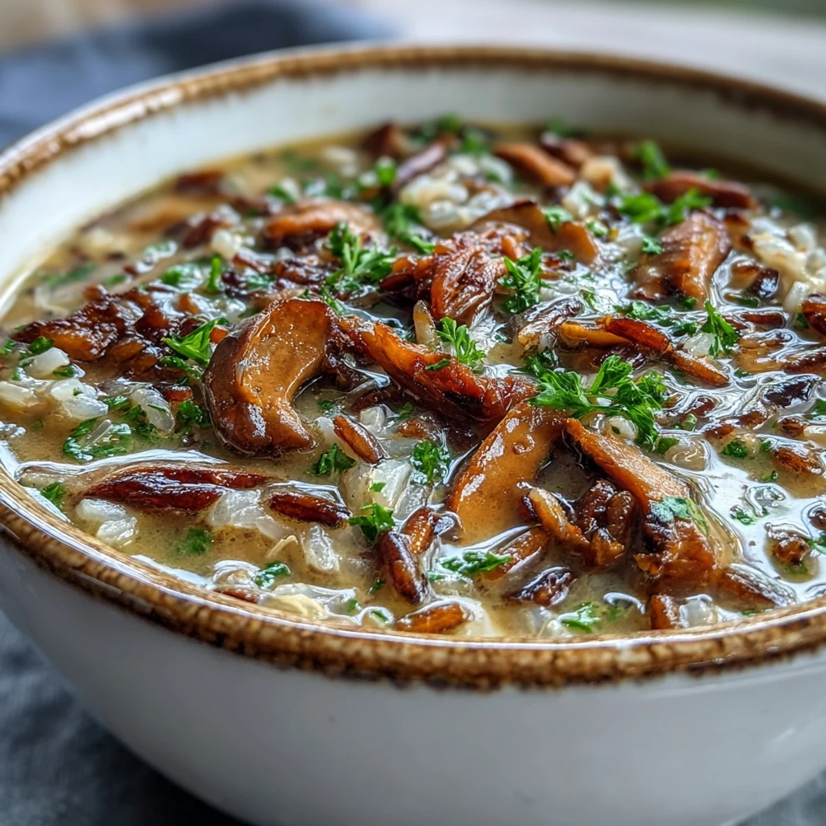 A hearty bowl of Wild Rice Mushroom Soup, featuring tender wild mushrooms and nutty rice in a savory herb-infused broth.