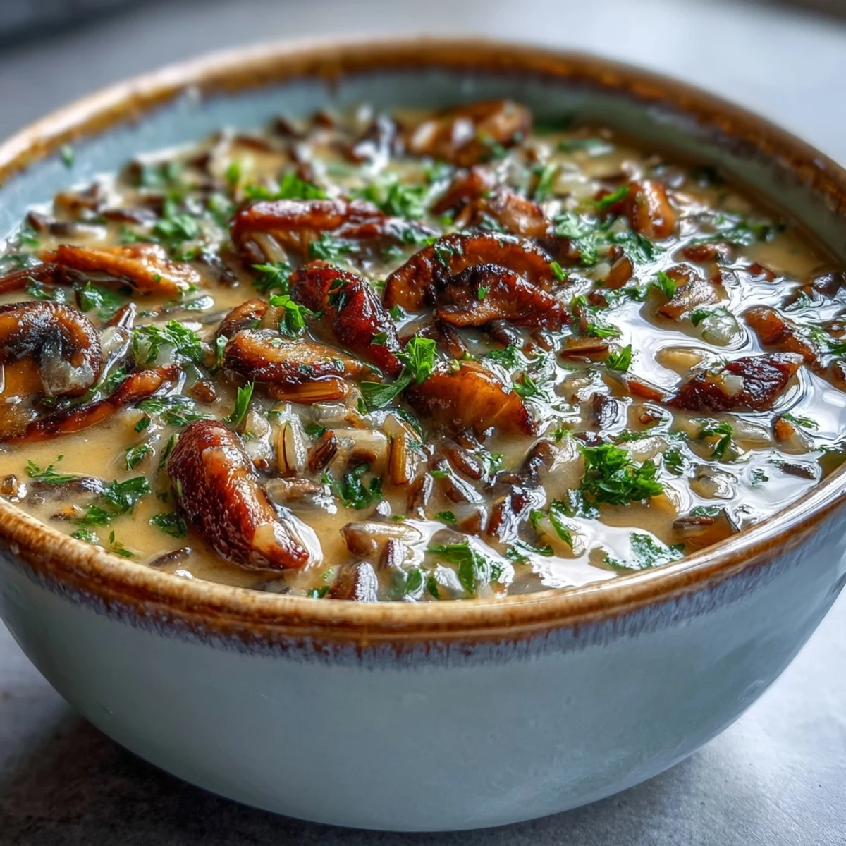 Creamy Wild Rice Mushroom Soup steaming in a rustic bowl, garnished with fresh parsley and served with crusty bread on the side.
