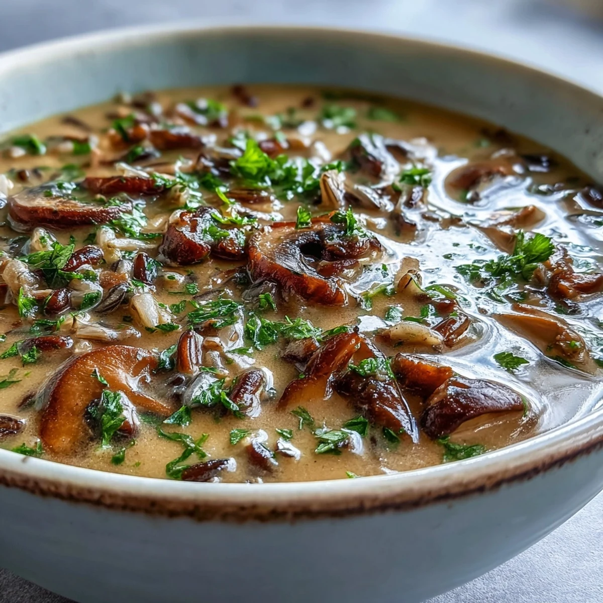 Warm, creamy Wild Rice Mushroom Soup topped with fresh herbs, perfect for a cozy vegetarian dinner with a slice of bread.