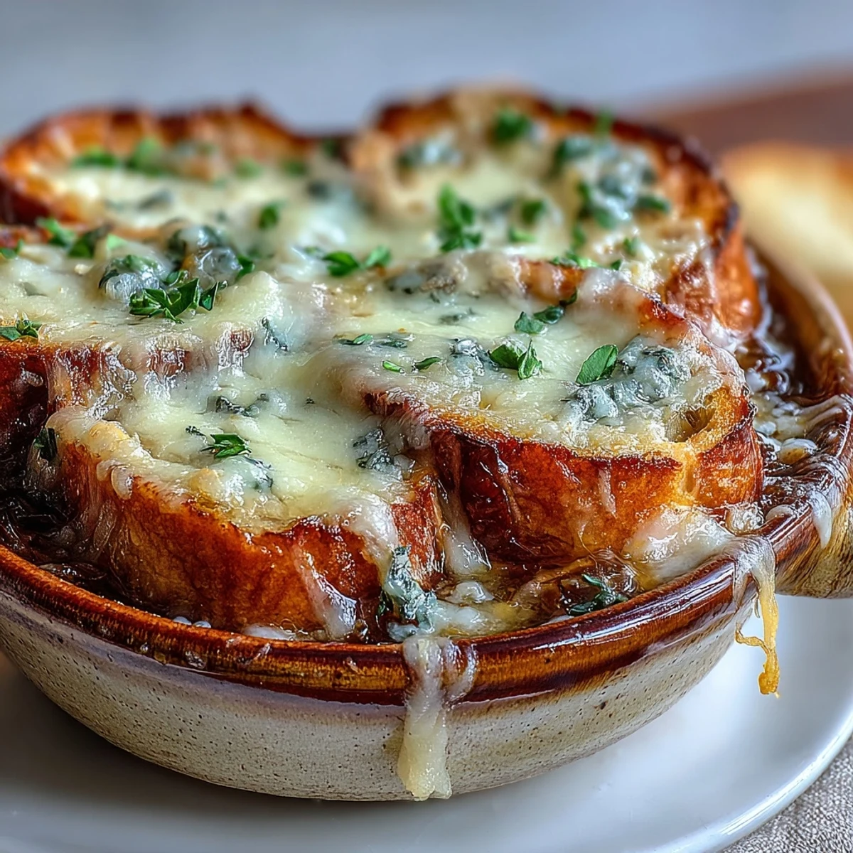 Golden-brown French Onion Soup in a rustic ceramic bowl, topped with toasted baguette slices and bubbly, melted Gruyère cheese.