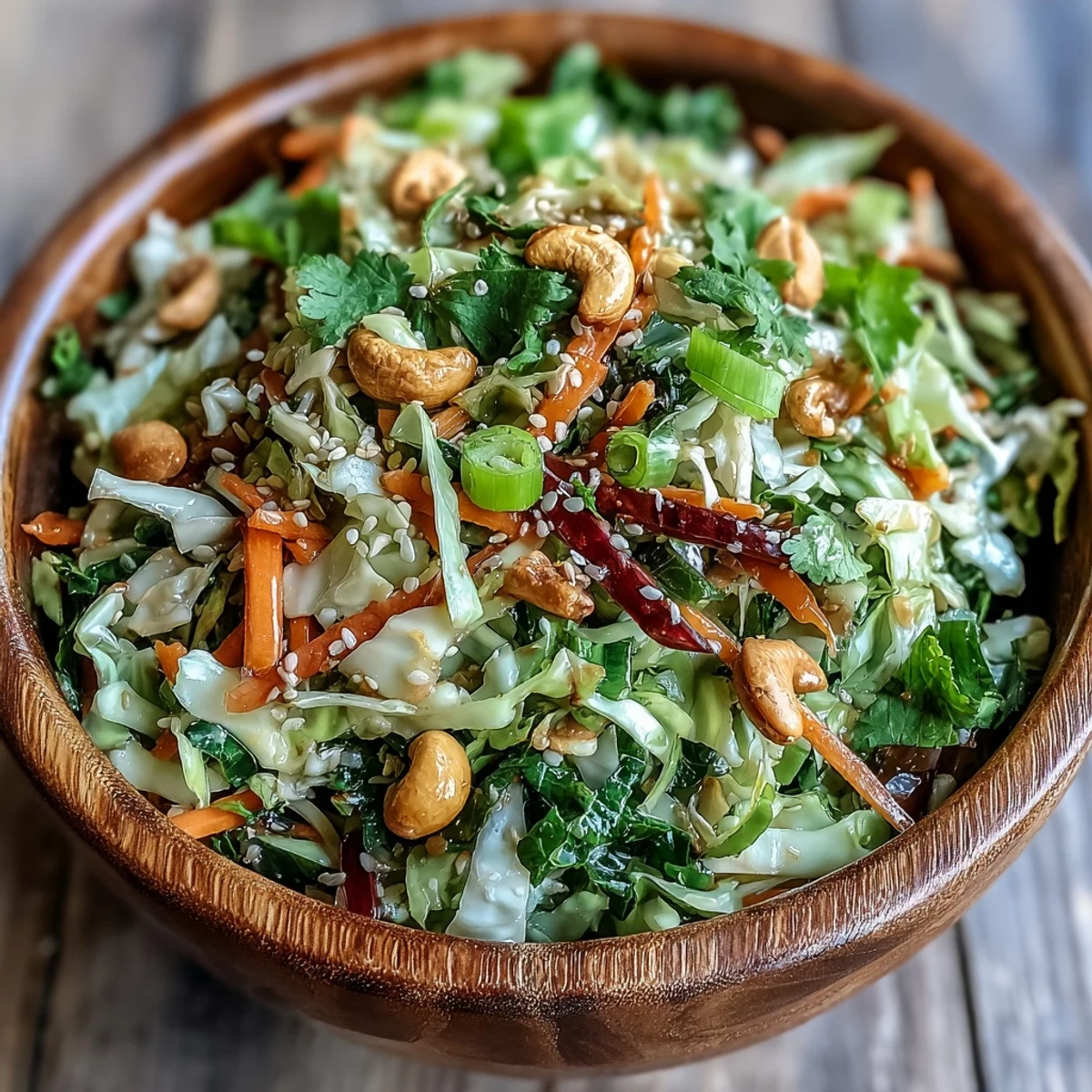 Colorful serving platter of Asian Cabbage Salad featuring crisp cabbage, julienned carrots, and toasted sesame seeds, ready to be enjoyed at a summer picnic.