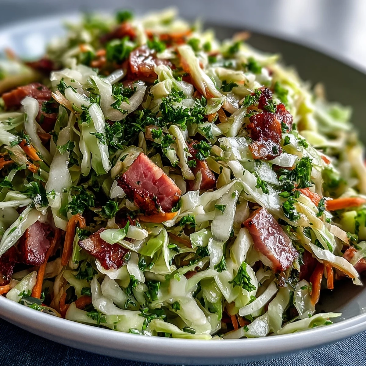 Freshly tossed German Cabbage Coleslaw With Shredded Ham features crisp green and red cabbage, shredded carrots, and smoky ham in a tangy apple cider vinegar dressing.