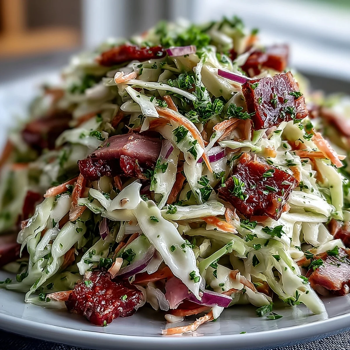 Vibrant bowl of German Cabbage Coleslaw With Shredded Ham garnished with fresh parsley, ready to serve alongside grilled bratwurst or hearty schnitzel for a festive meal.
