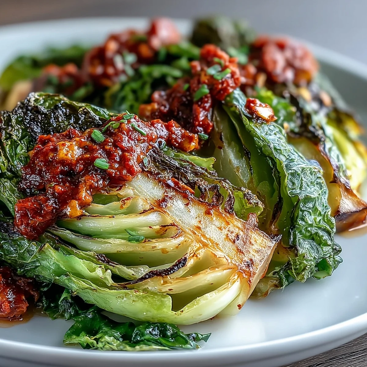 Roasted Baked Cabbage Salad With Winter Romesco served warm on a rustic platter garnished with parsley.