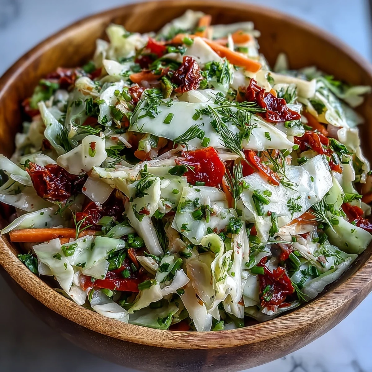 A vibrant bowl of Cabbage Salad With Sundried Tomatoes features crisp shredded greens and rich tomato slices, tossed in a herby dressing.