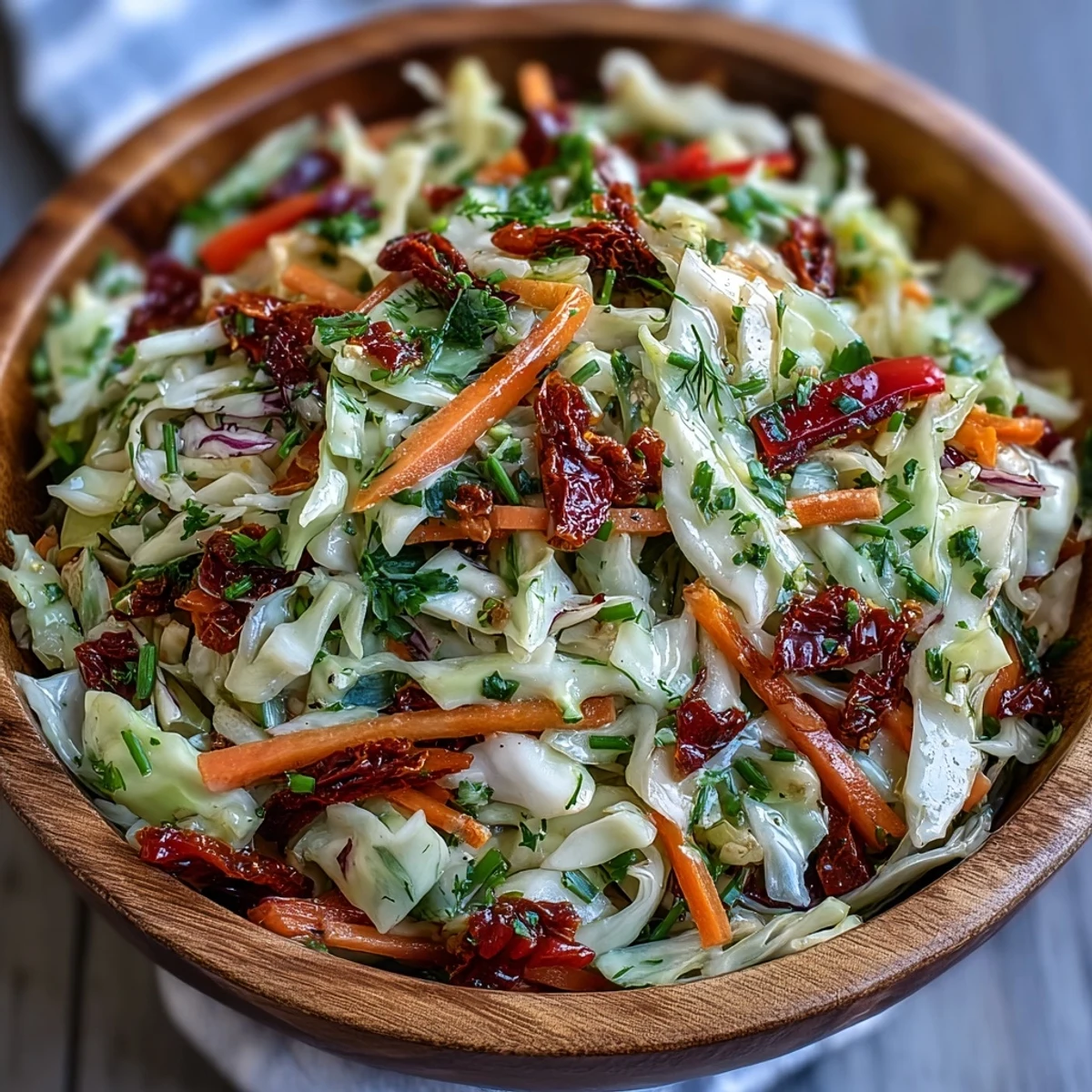 Freshly tossed Cabbage Salad With Sundried Tomatoes showcases colorful red cabbage, green cabbage, carrots, and bell peppers for a crunchy, refreshing bite.