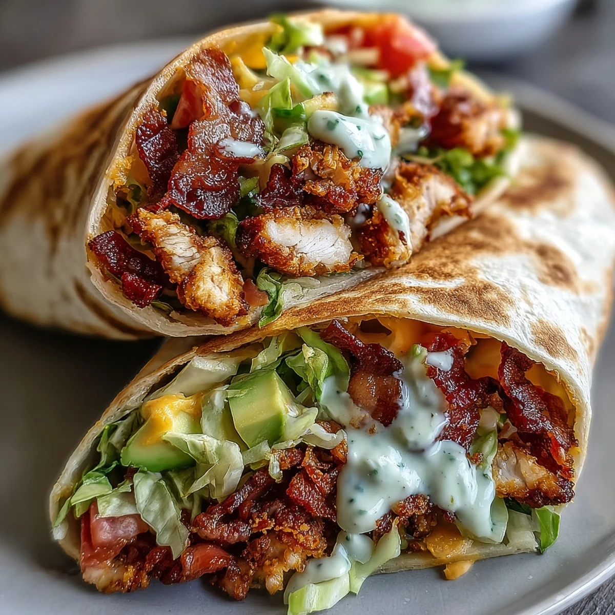 Golden-brown Crispy Chicken Bacon Wrap sliced in half, revealing layers of juicy chicken, crispy bacon, creamy avocado, and shredded cheddar inside a toasted tortilla.