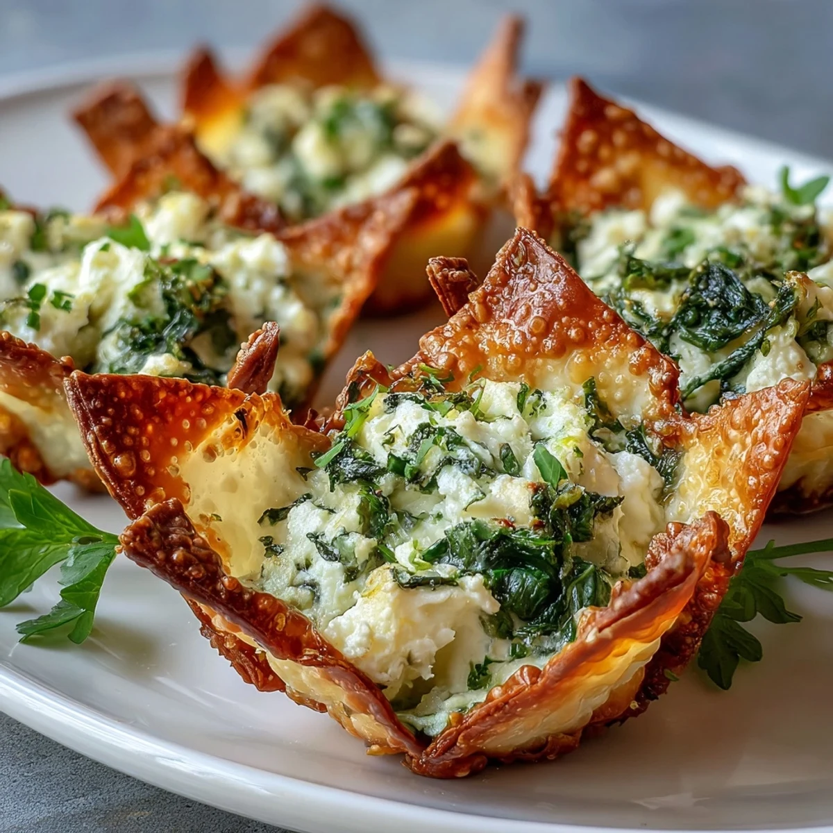 Golden Mediterranean Spinach and Feta Cheese Crisps in a mini muffin tin, showcasing crispy wonton edges and fresh parsley garnish.