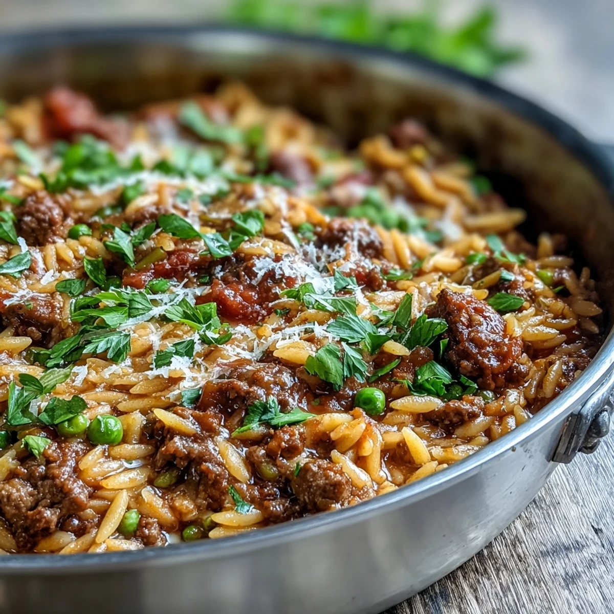 Savory ground beef orzo simmered in tomato broth with fresh parsley and peas.