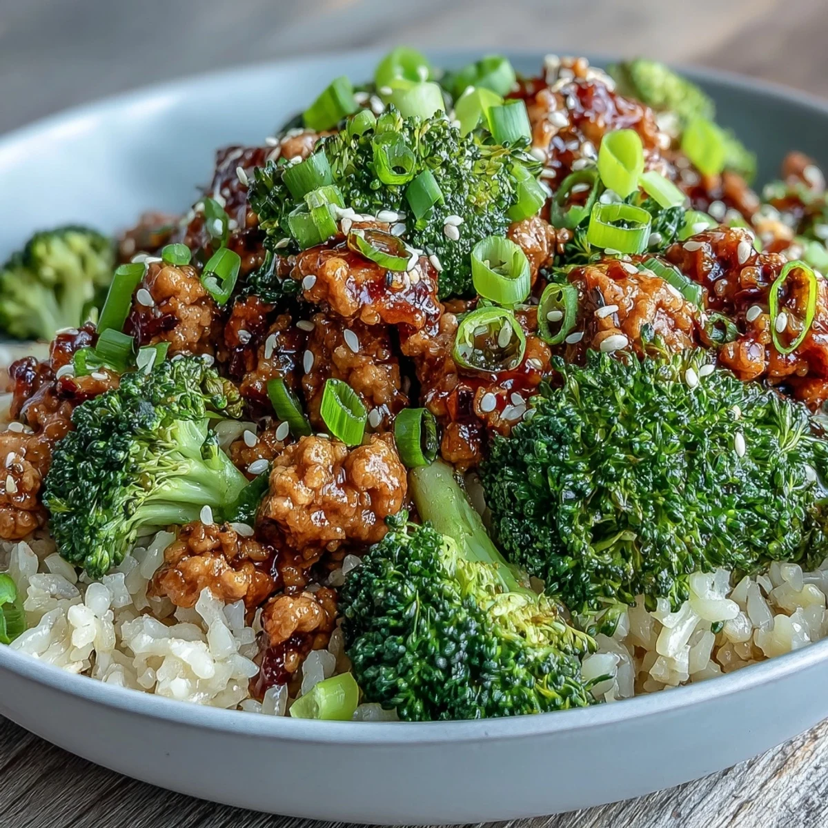 Plated Sweet and Spicy Turkey Broccoli Bowls with tender turkey, crisp steamed broccoli, and sesame-flecked brown rice, drizzled in a sticky glaze and garnished with green onions.