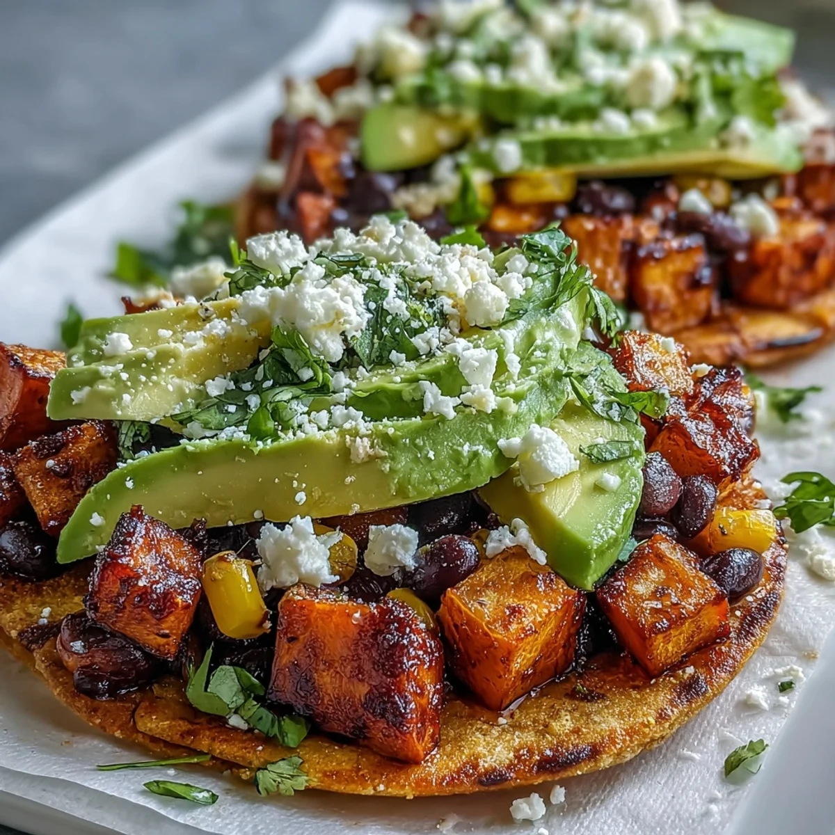 Sizzling pan of black bean and sweet potato filling for fresh, colorful tostada assembly.