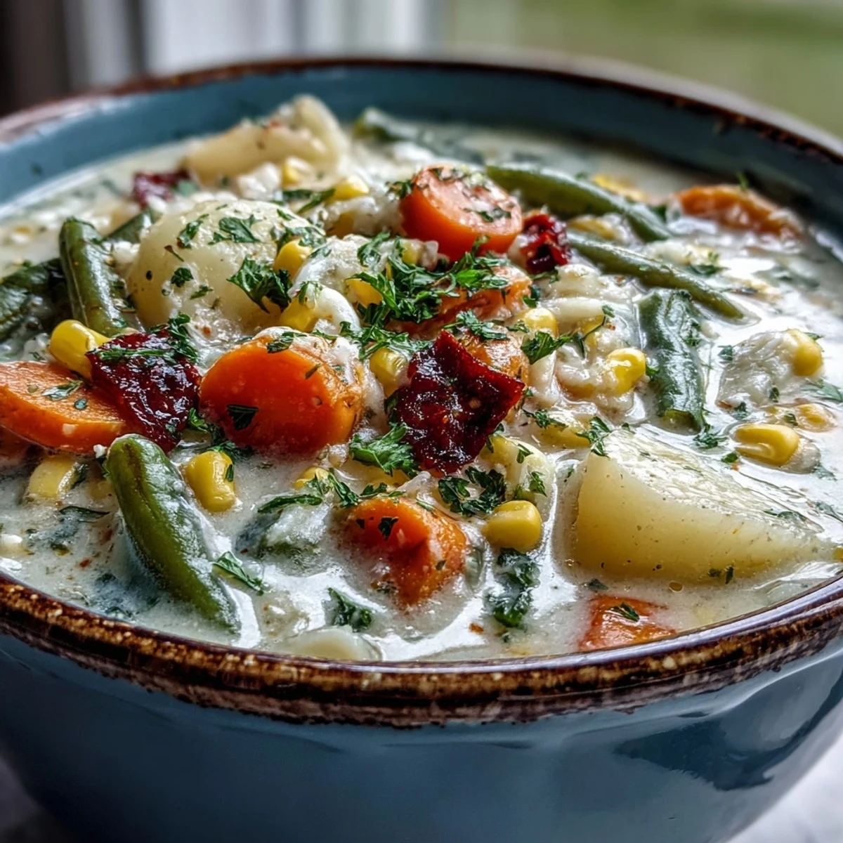 Hearty Amish Snow Day Soup in a white ceramic bowl beside crusty bread and a sprig of thyme.