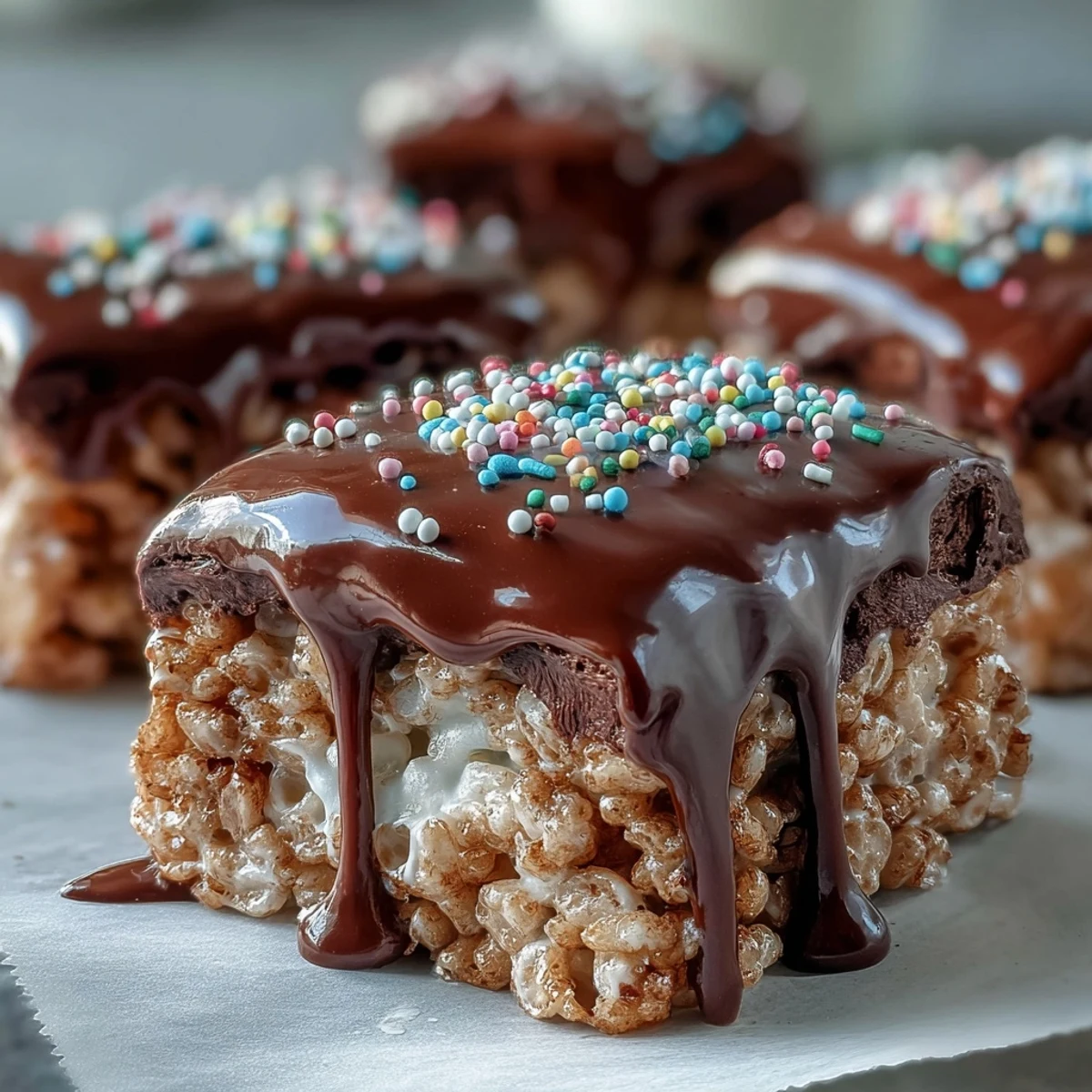 Freshly cut Chocolate Covered Rice Krispy Treats arranged on a plate, ready to serve at a party.