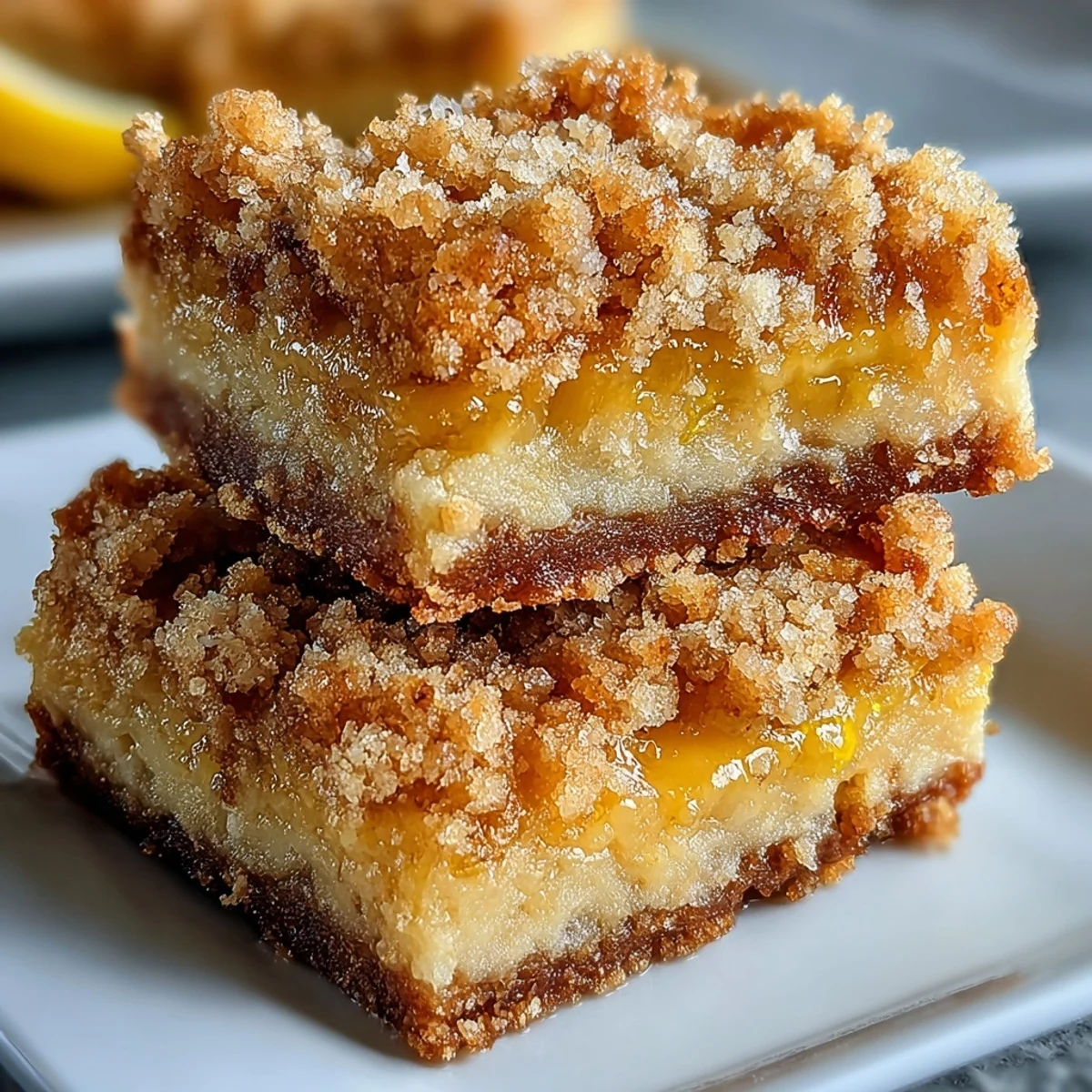 Homemade Lemon Crumb Bars served on a dessert platter next to a hot cup of tea and fresh lemon slices.