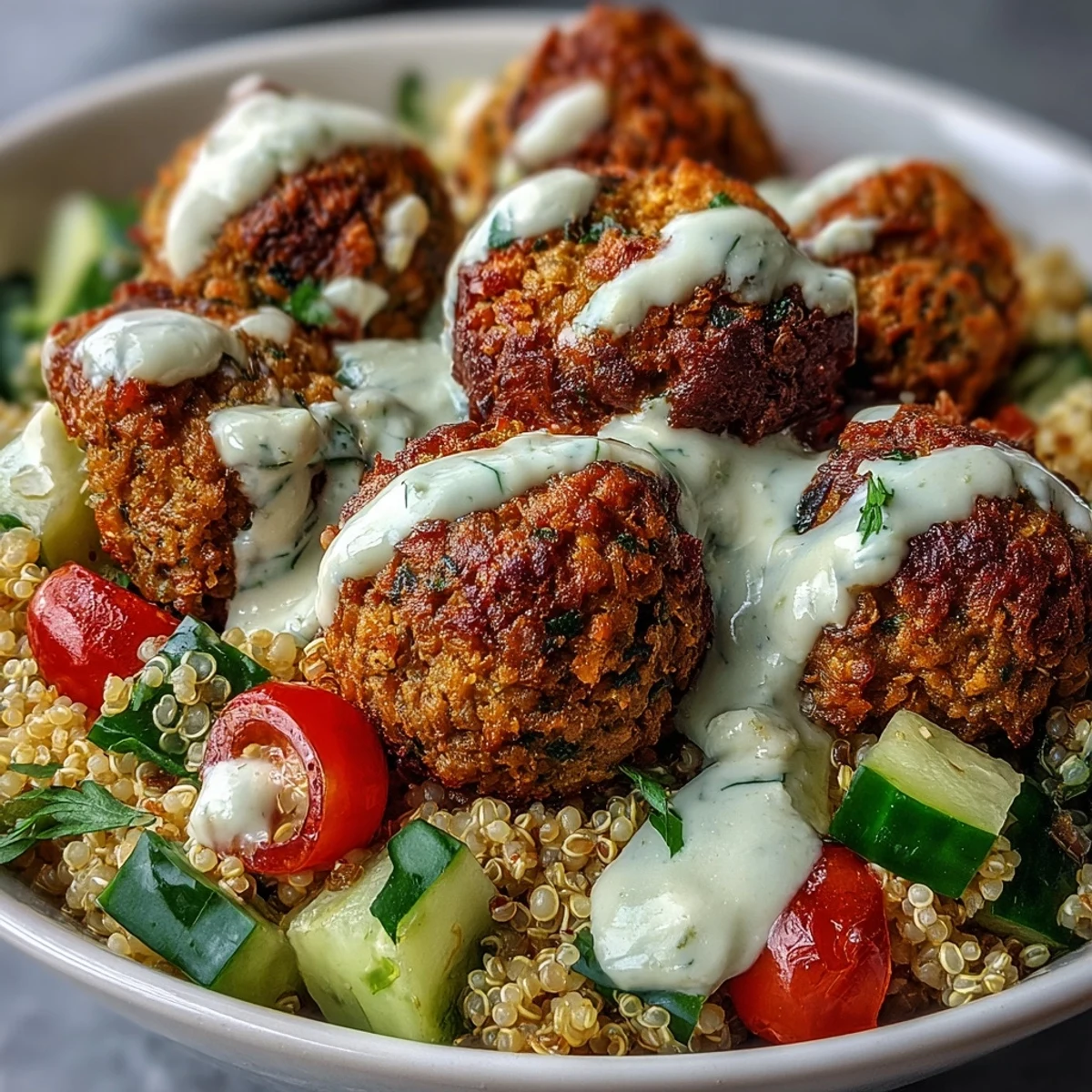 Crisp baked falafel sits atop fluffy quinoa with fresh cucumber, tomatoes, and green onions, drizzled with creamy garlic tahini sauce in this vibrant Falafel Quinoa Salad Bowl.