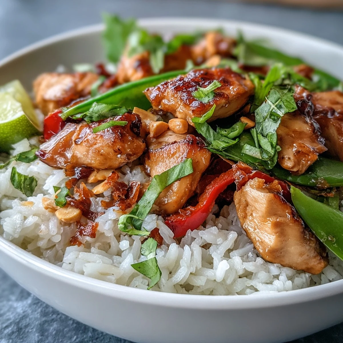 Thai Chicken Coconut Bowl garnished with peanuts and lime wedges, showcasing colorful vegetables and aromatic herbs.  