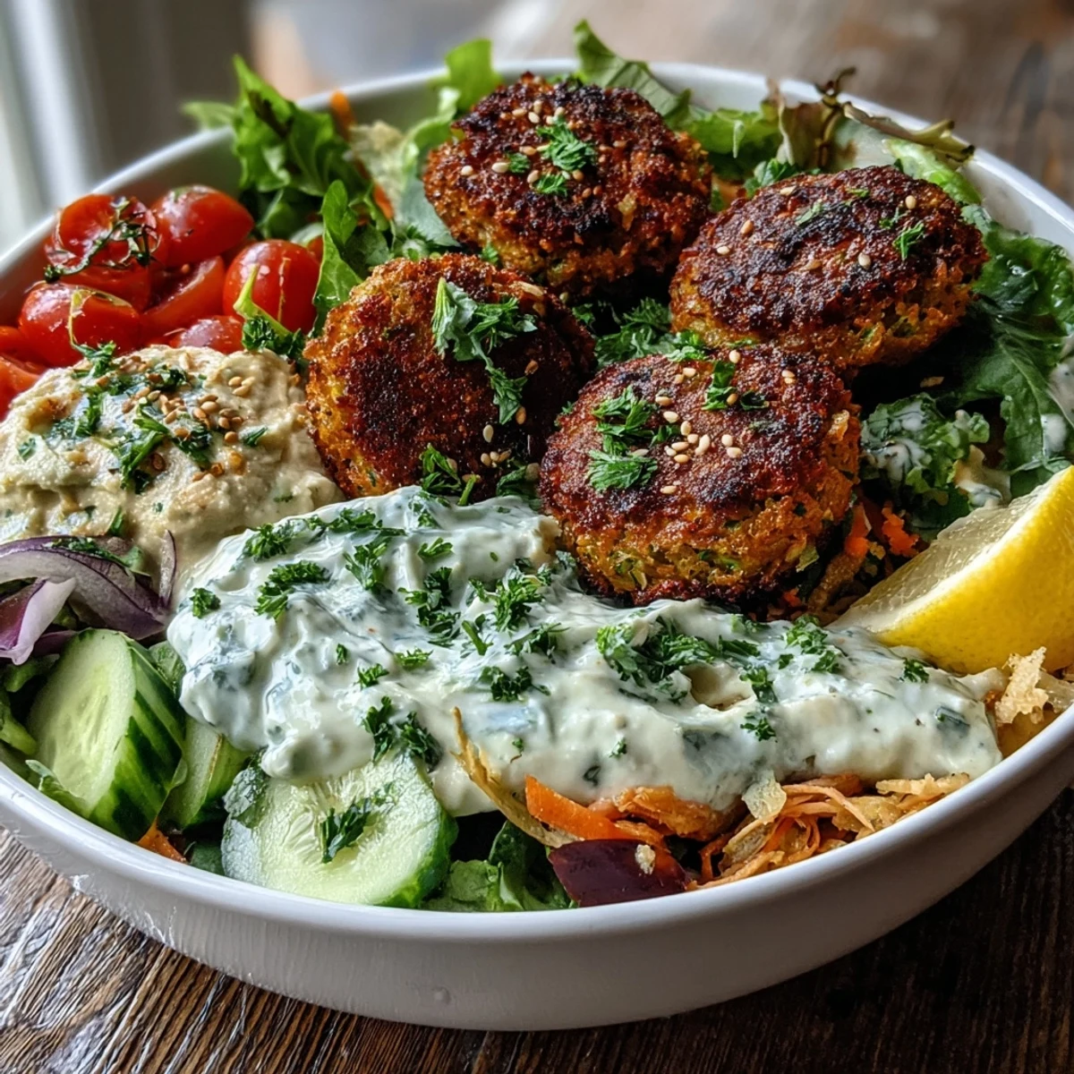 Crispy falafel balls rest atop creamy hummus and fresh greens in this vibrant Falafel Bowl, drizzled with tahini sauce and garnished with parsley.