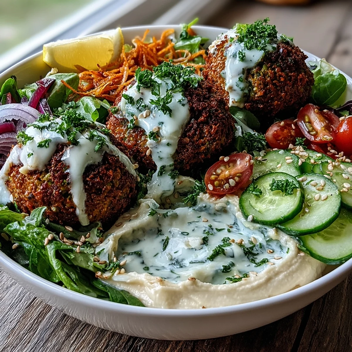 A hearty Falafel Bowl featuring golden falafel, smooth hummus, and fresh veggies, drizzled with tahini for a Mediterranean-inspired main dish.