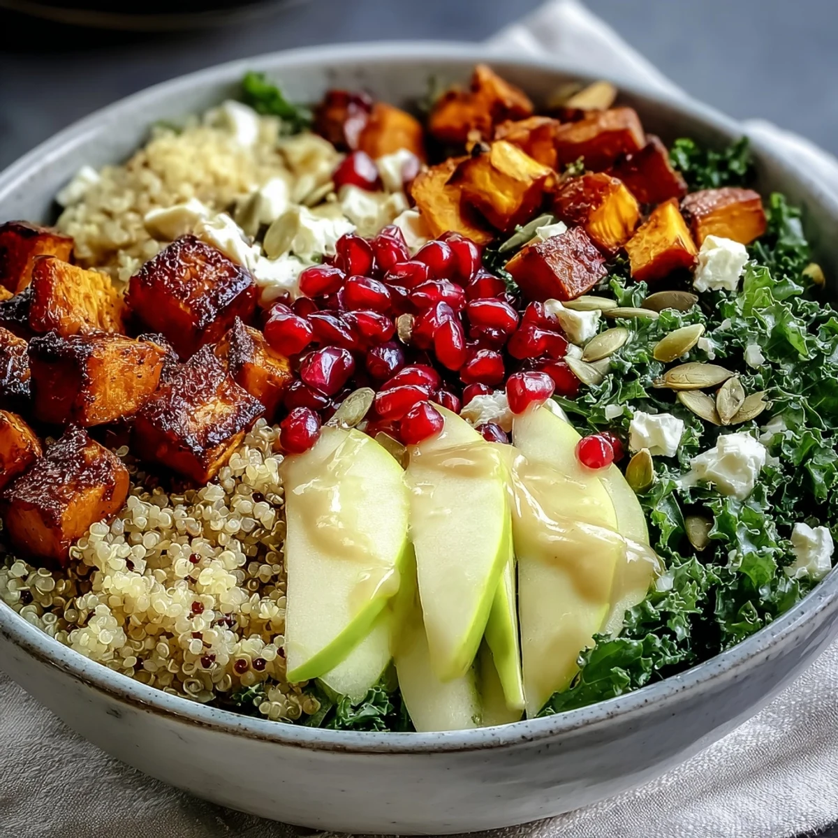 Roasted sweet potatoes and massaged kale create a colorful Kale Harvest Grain Bowl topped with pomegranate seeds and pepitas.