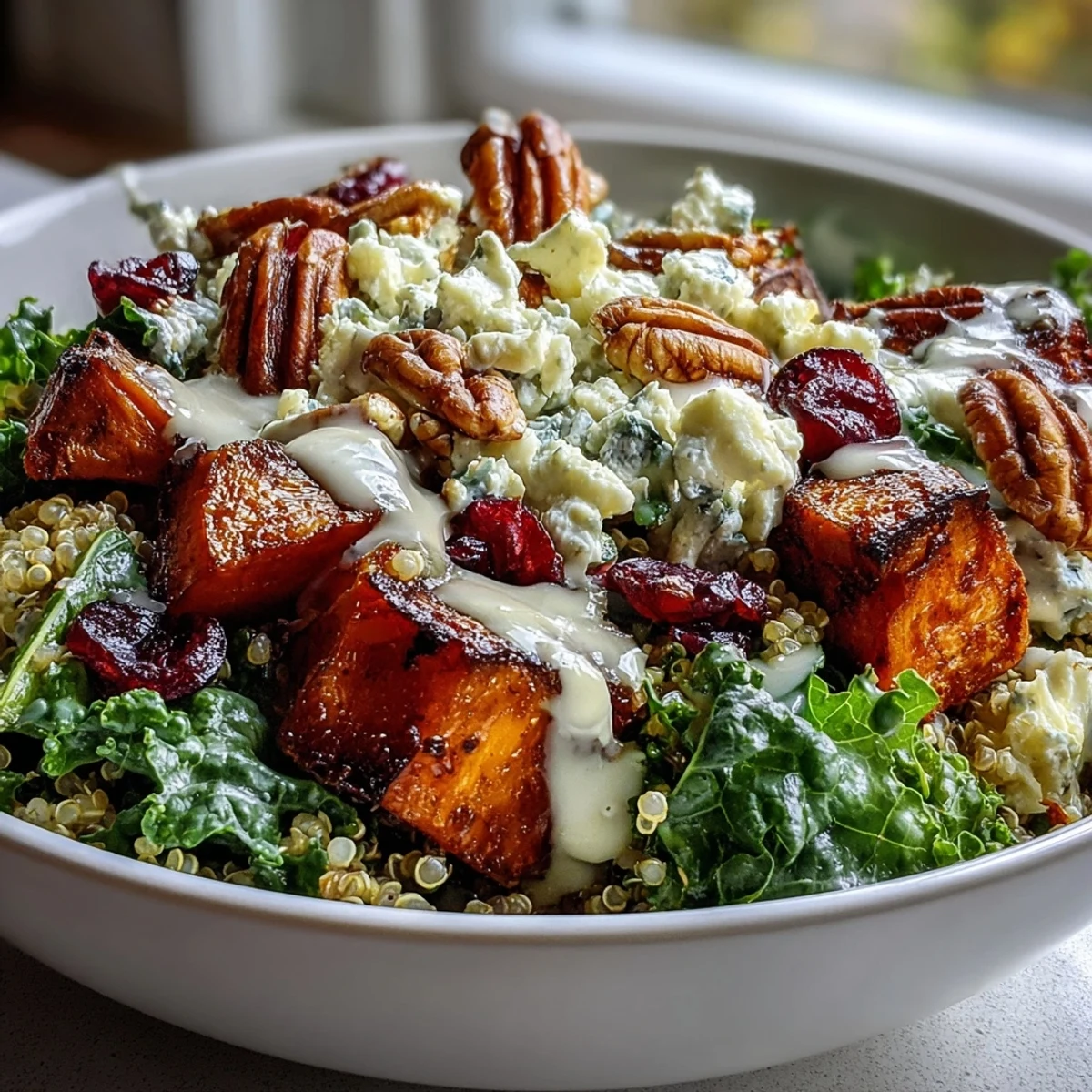 Close-up of a Harvest Kale Quinoa Bowl with toasted pecans, crumbled blue cheese, and golden sweet potatoes, ready to eat.