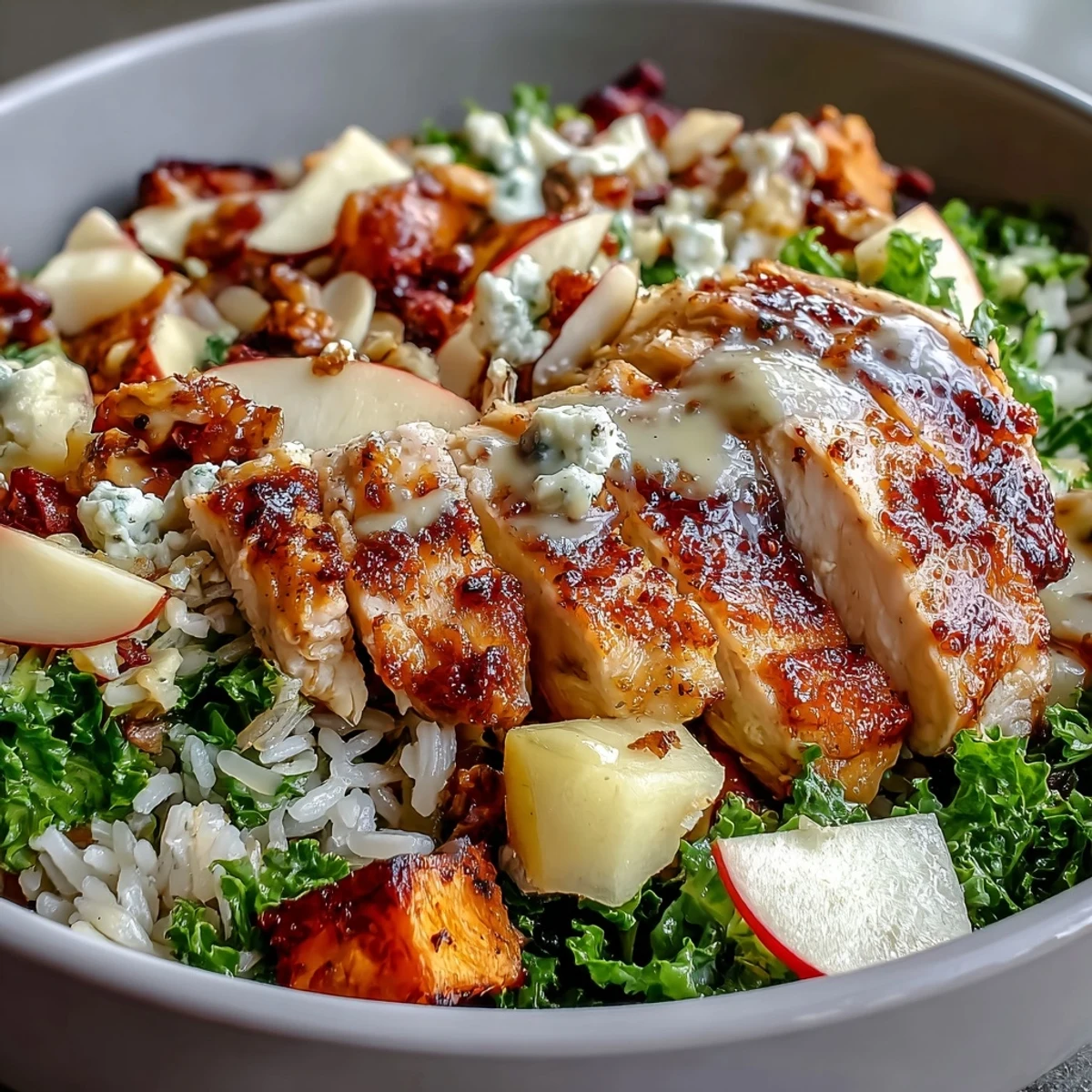 A vibrant Harvest Bowl with massaged kale, wild rice, roasted chicken, sweet potatoes, crisp apple slices, almonds, and creamy goat cheese, drizzled with tangy balsamic dressing.