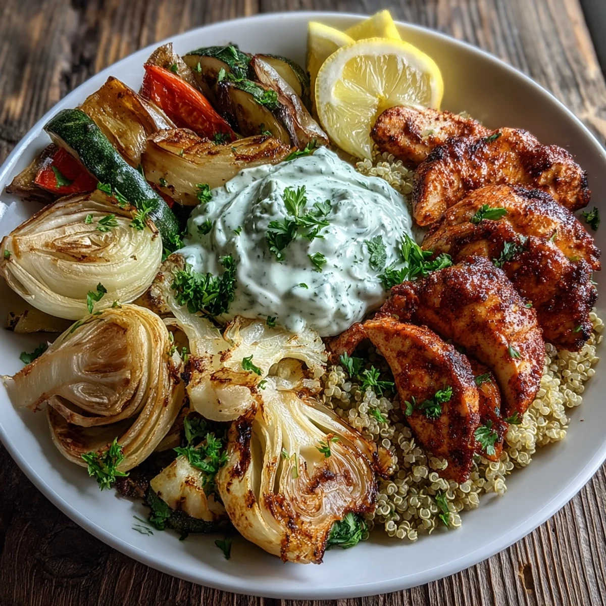 A colorful Paprika Herb Chicken Roasted Vegetable Quinoa Bowl with fluffy quinoa, golden chicken, and roasted veggies, drizzled with rose harissa.  