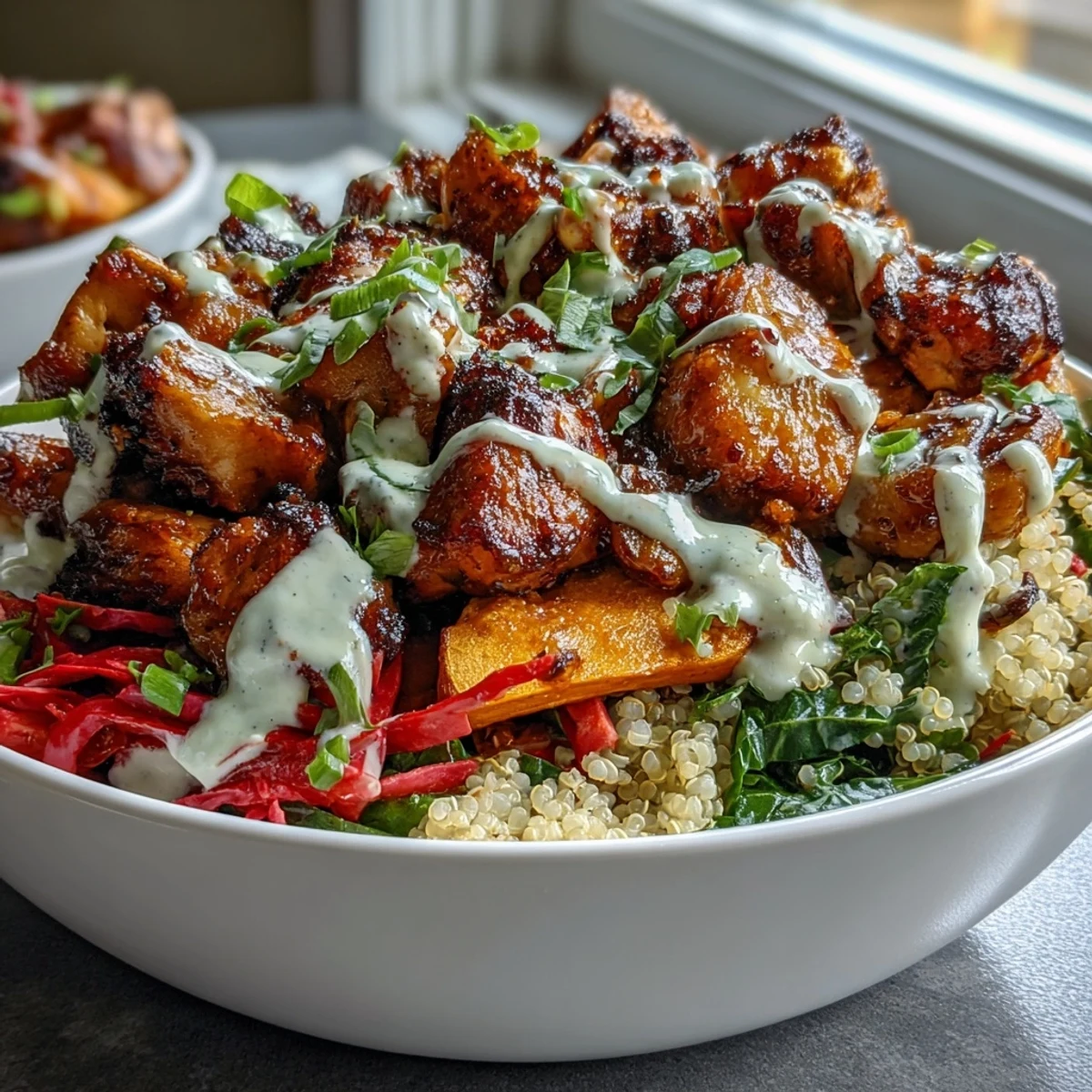 Golden-brown hot honey chicken pieces sit atop fluffy quinoa, next to vibrant roasted sweet potatoes and bright red cabbage slaw in a nourishing bowl.