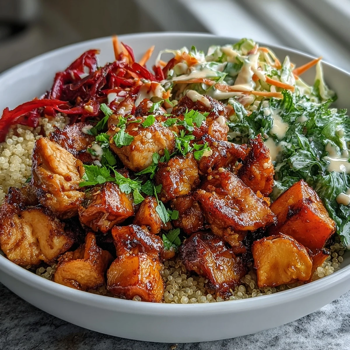 A close-up of a hearty Hot Honey Chicken Bowl shows juicy chicken, caramelized sweet potato cubes, and crunchy red slaw with a glistening dressing.