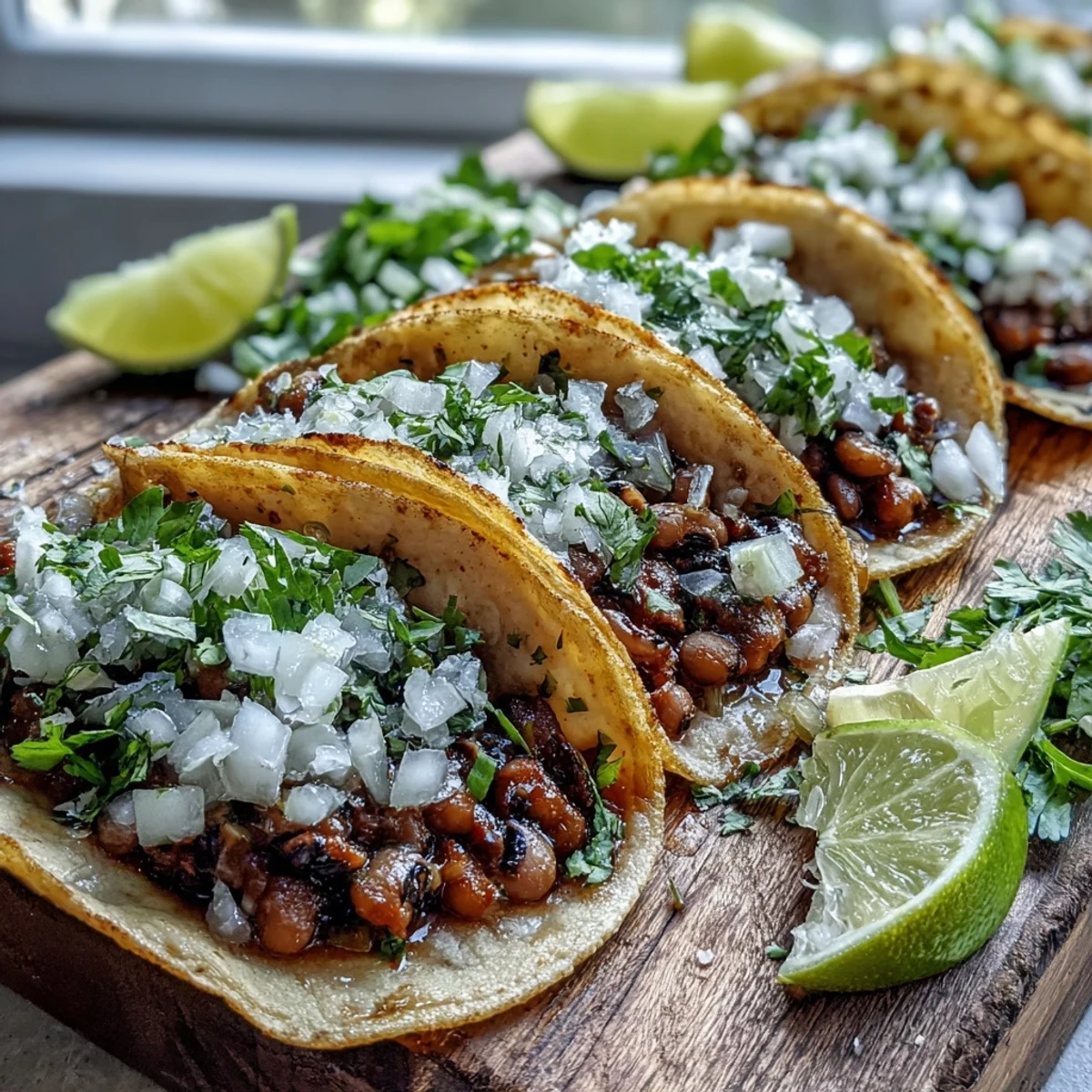 Black-Eyed Pea Tacos filled with seasoned, mashed peas, topped with fresh cilantro, diced onion, and lime wedges.
