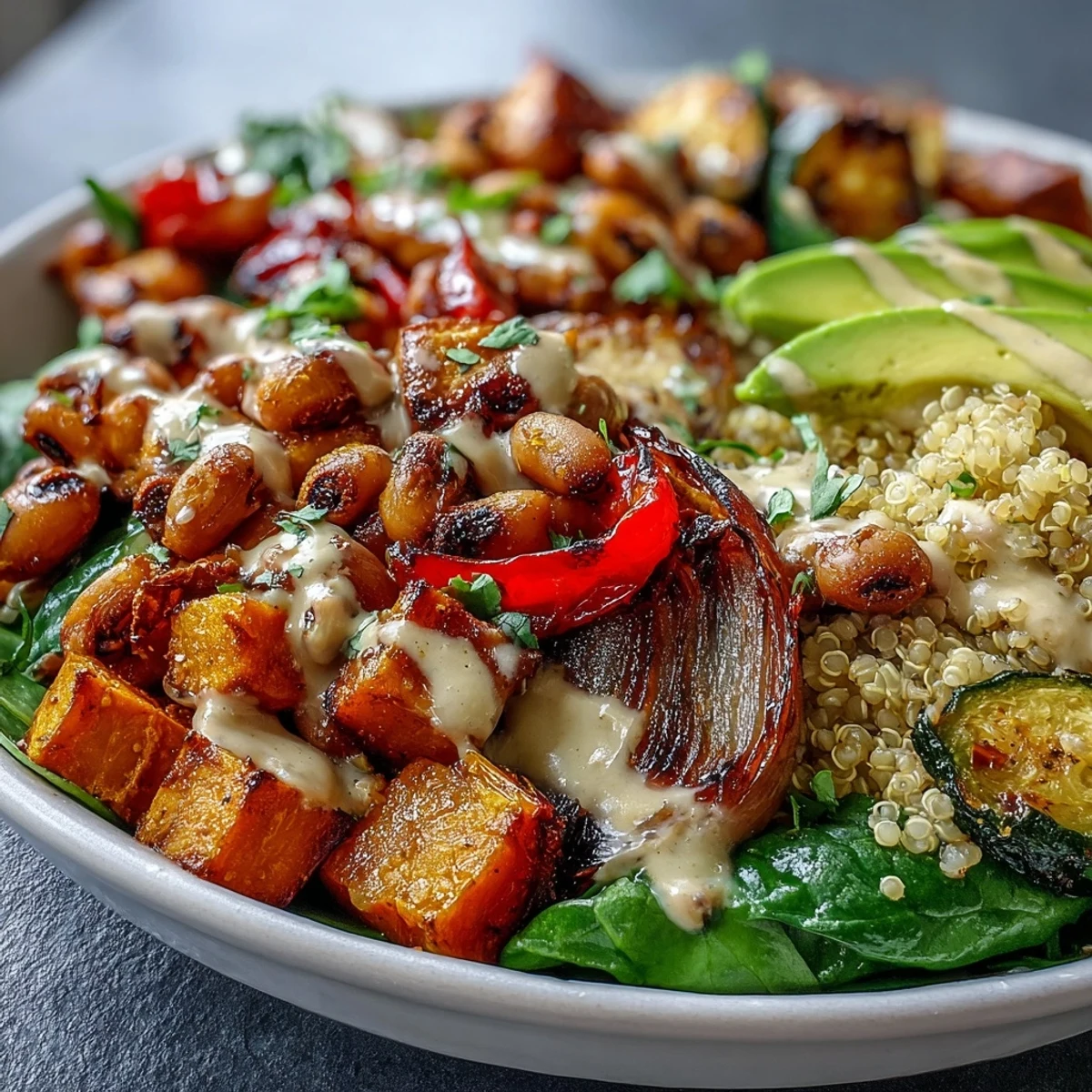 Roasted sweet potatoes and red bell peppers add color and warmth to this nourishing vegan Black-Eyed Pea Buddha Bowl.